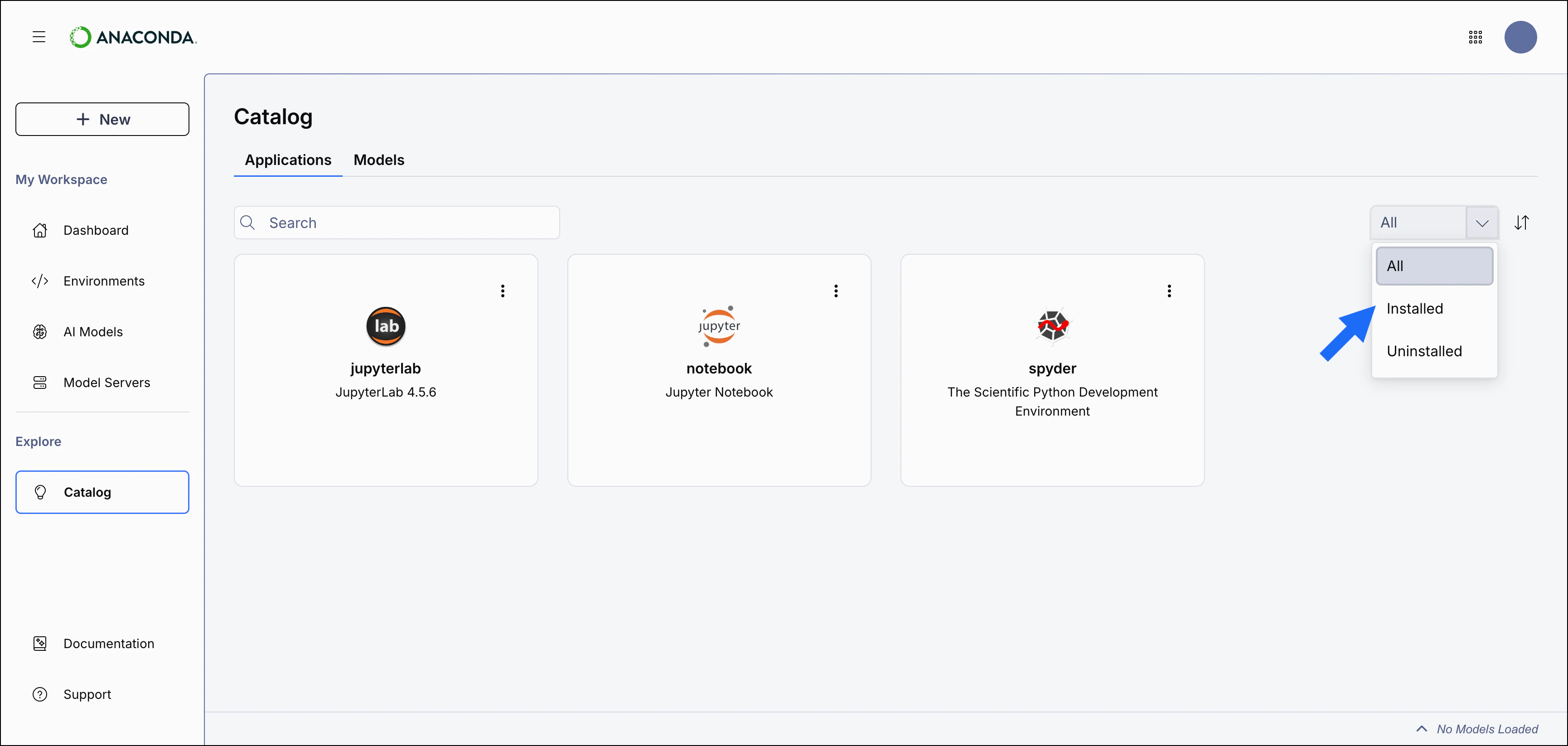 Application Catalog installed and uninstalled applications dropdown