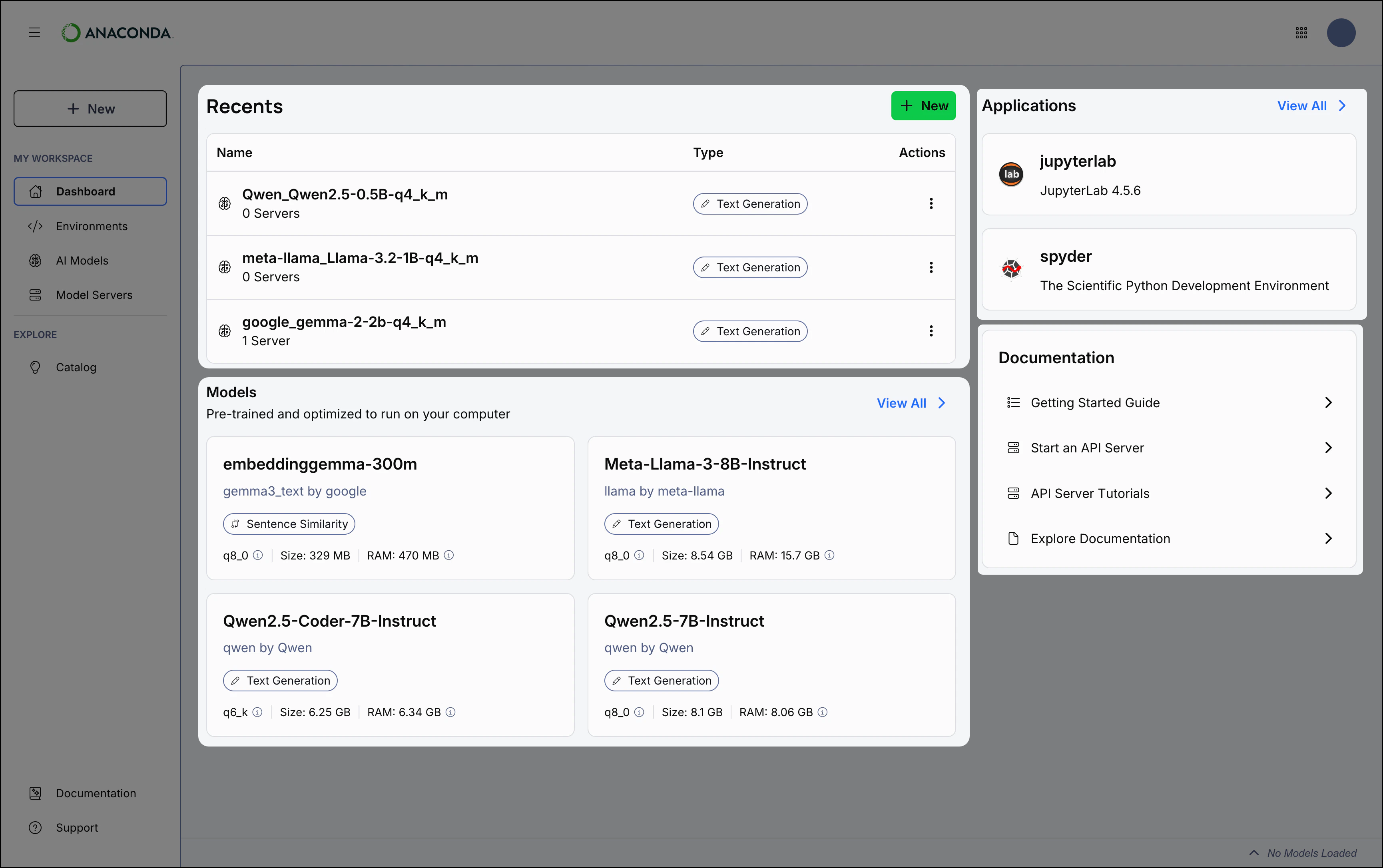 Desktop Dashboard with recent model and chat activities and applications