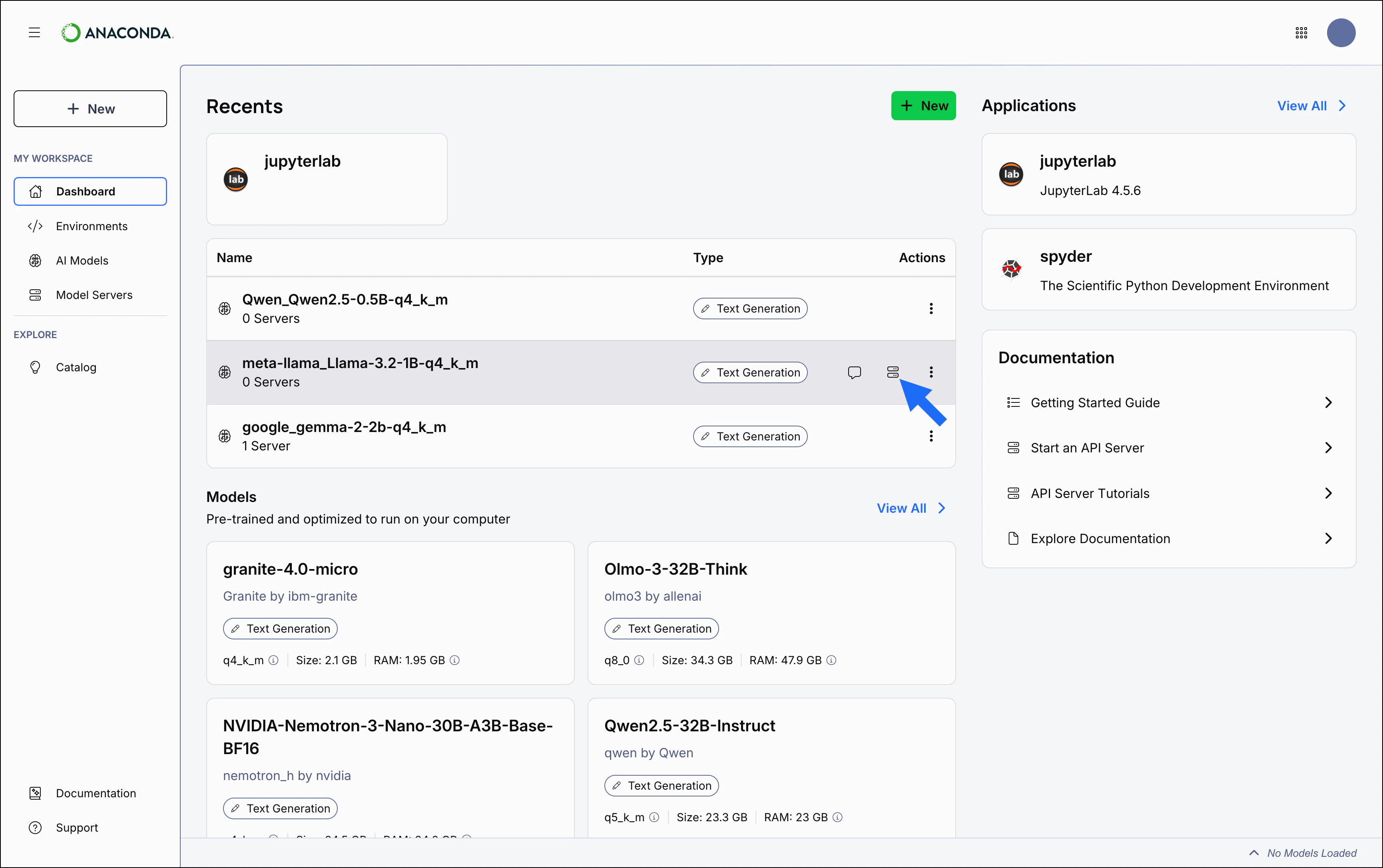 Recents table showing Chat, Start Server, and Actions
