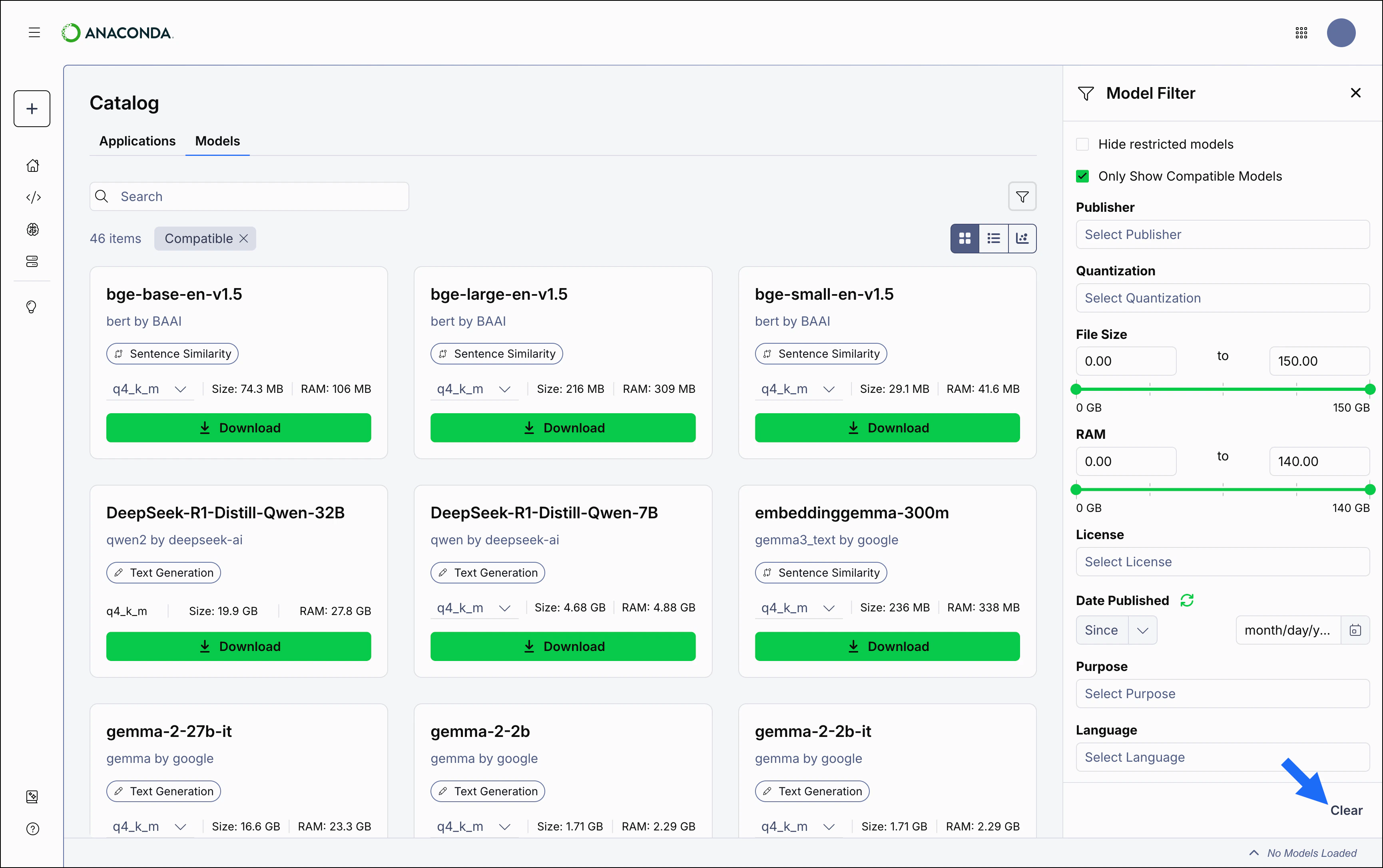 Models page right-hand filters panel