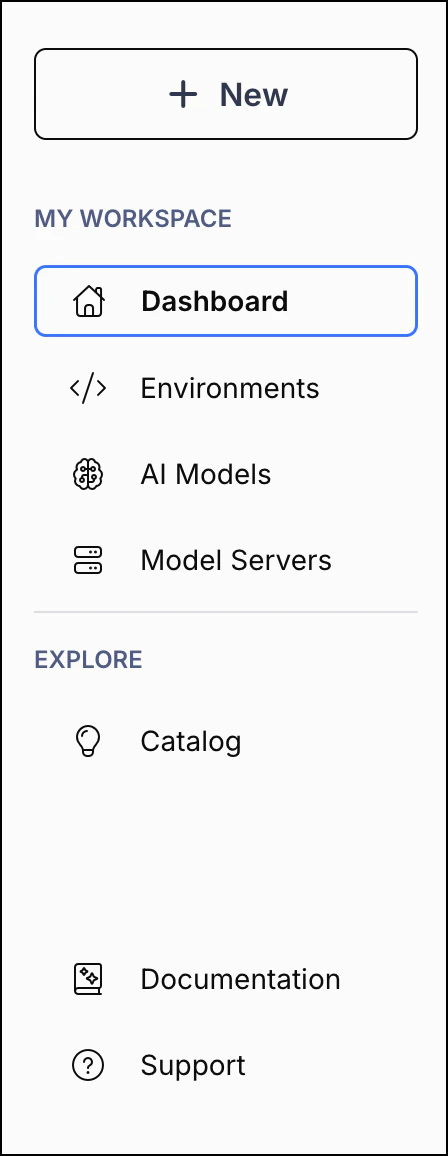 Desktop navigation menu with Home, Environments, AI Models, Model Servers, Catalog, and other options