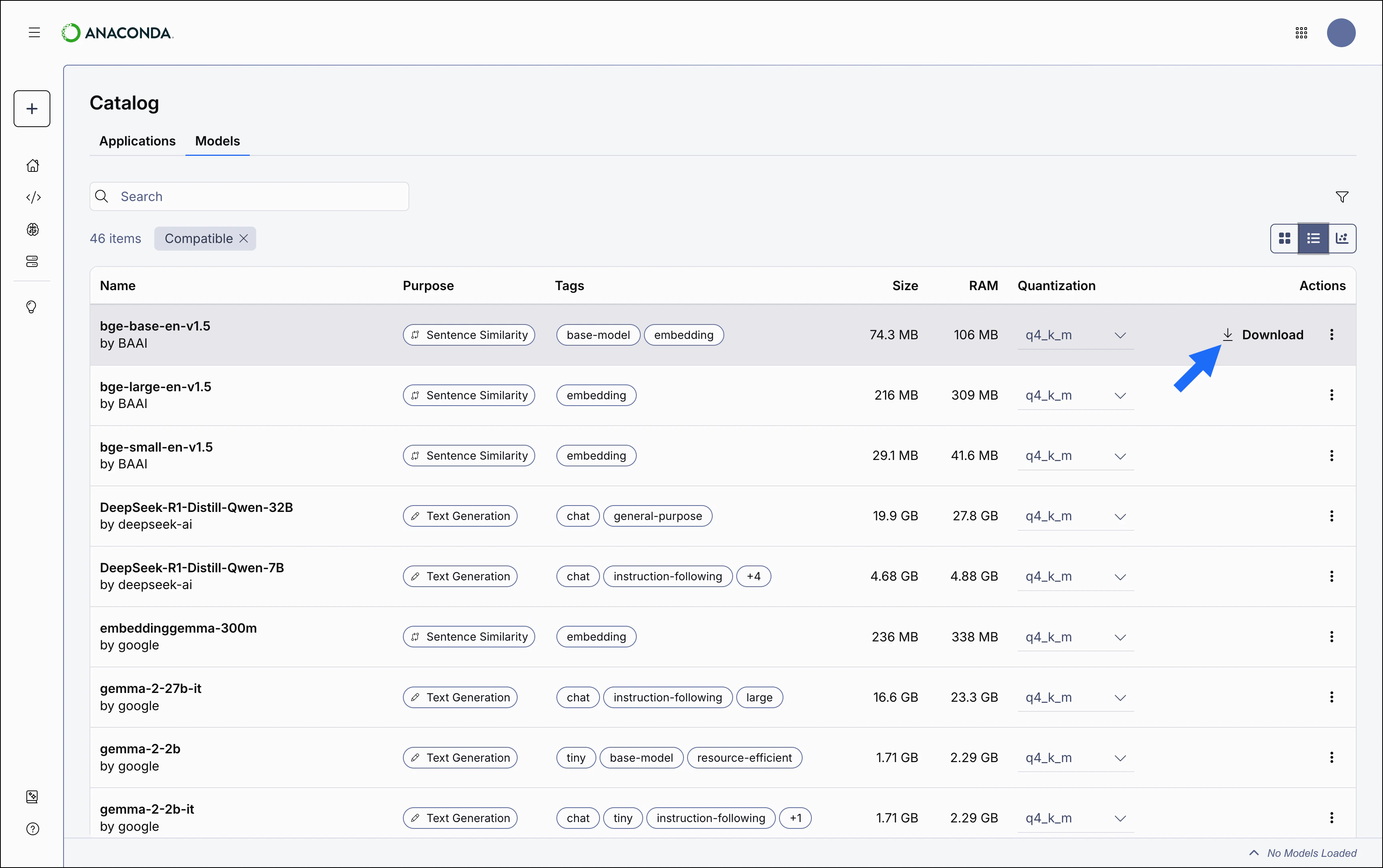 Model catalog table view