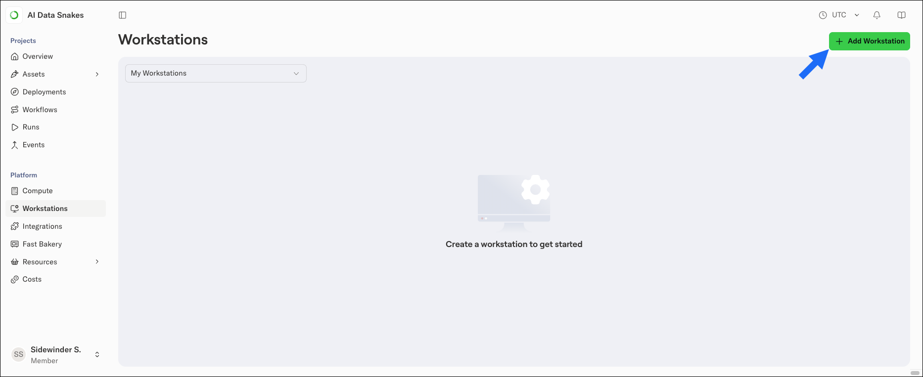 The Workstations page with the Add workstation button spotlighted