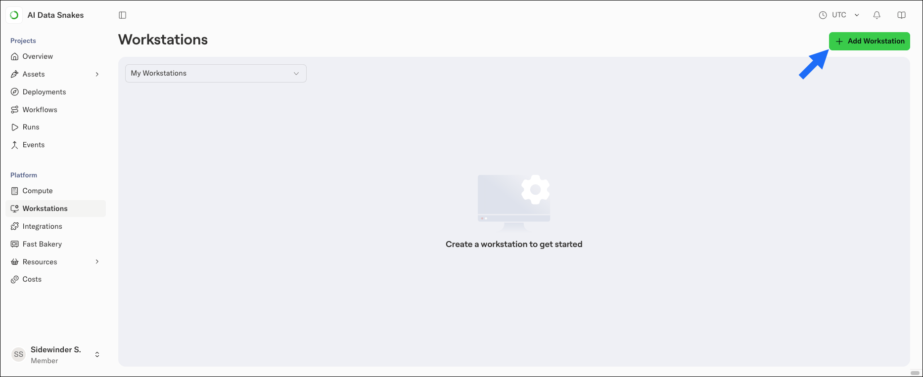 The Workstations page with the Add workstation button spotlighted