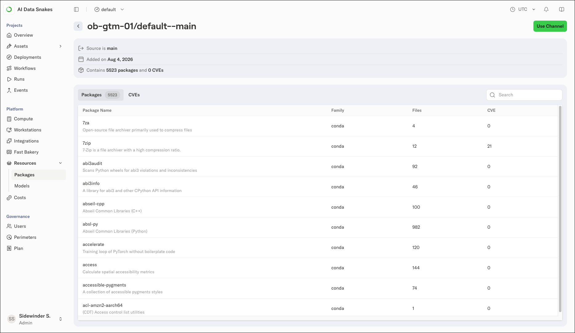 A channel view showing its source, added date, package and CVE counts, active policy with last synced time, and the package list