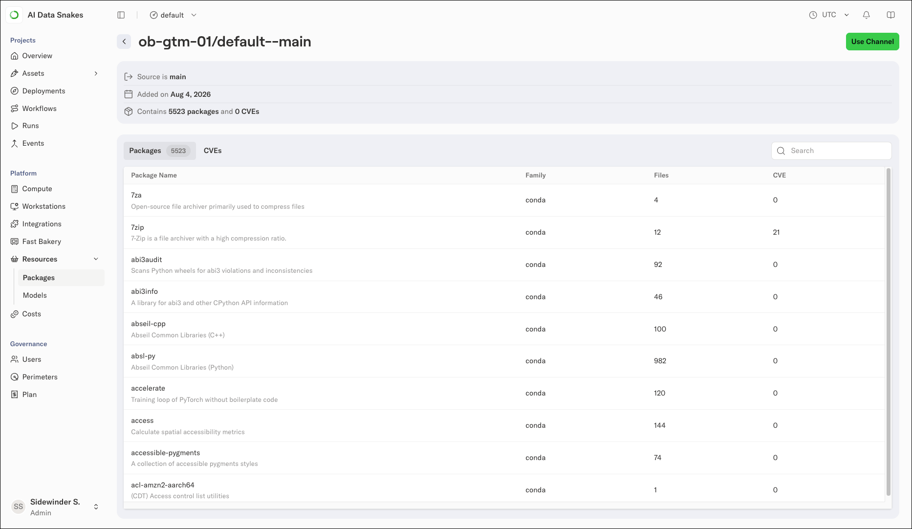 A channel view showing its source, added date, package and CVE counts, active policy with last synced time, and the package list