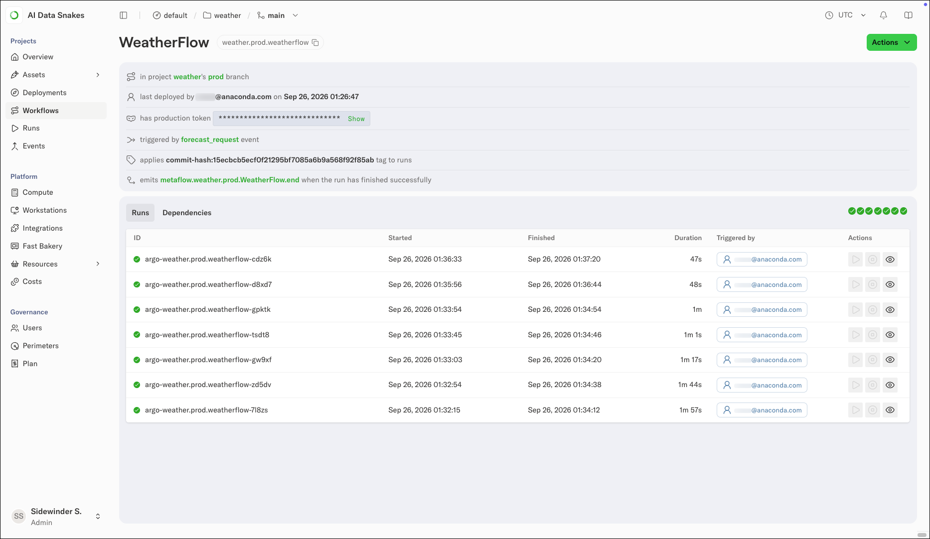The workflow detail view showing the commit-hash tag the workflow applies to runs, above a table of successful runs