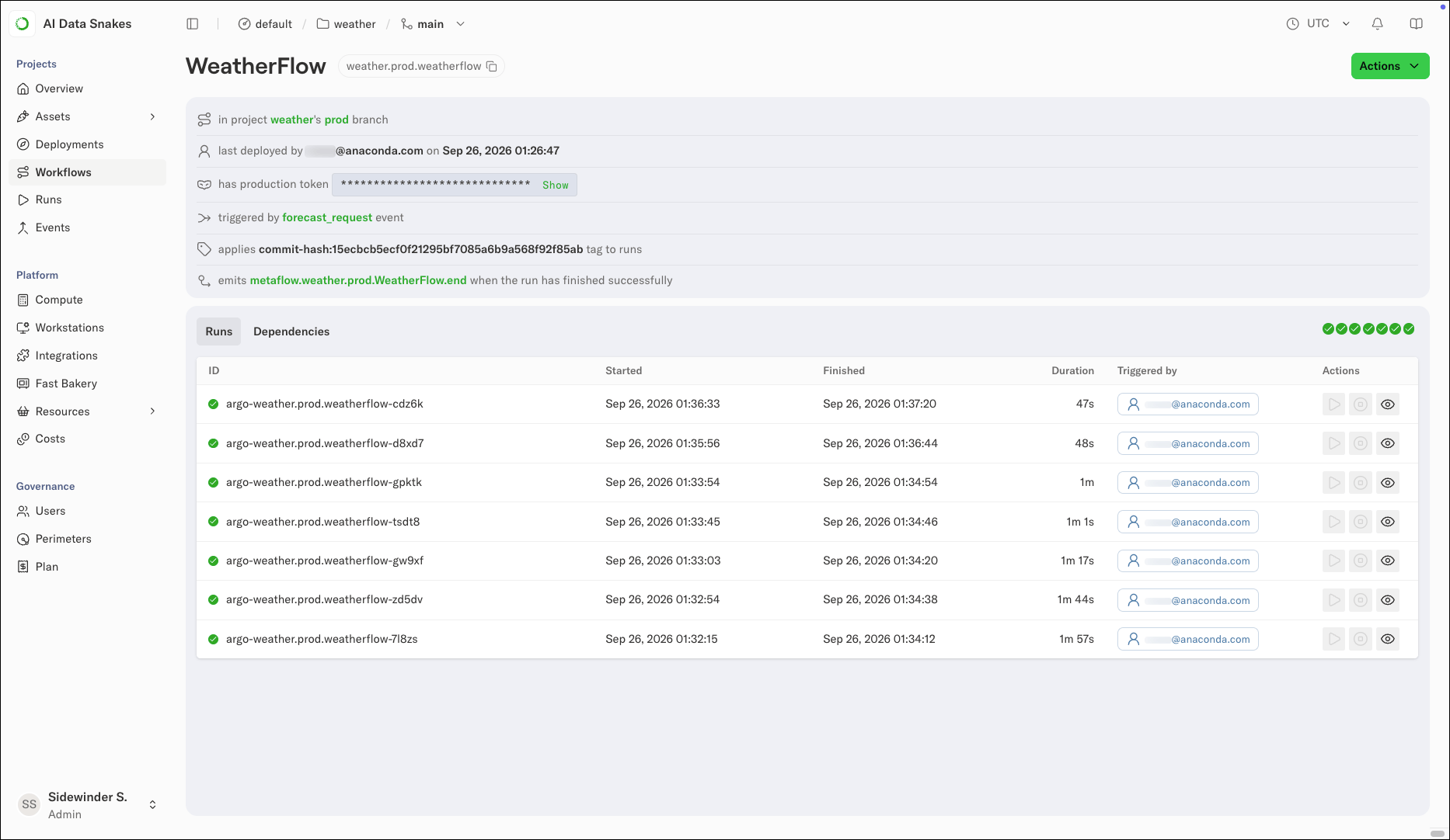 The workflow detail view showing the commit-hash tag the workflow applies to runs, above a table of successful runs