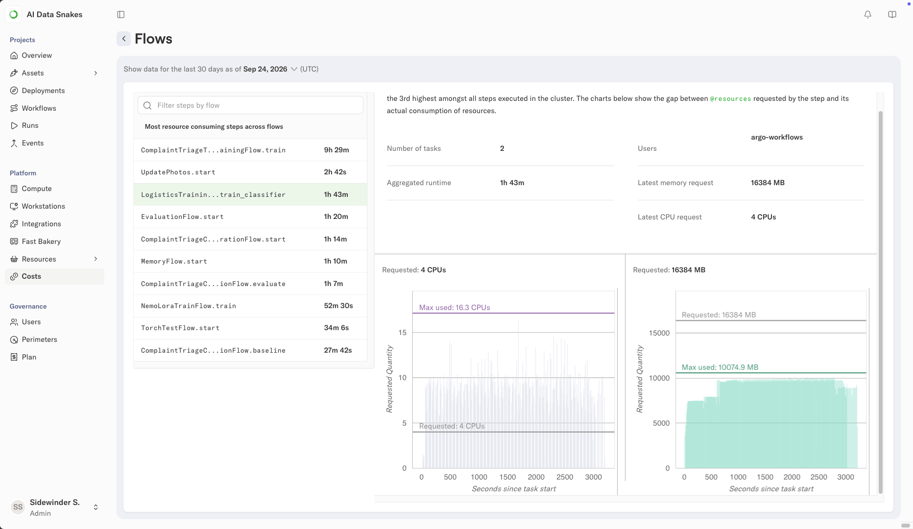 The Flows view listing steps ranked by total runtime, with CPU and memory utilization charts for the selected step