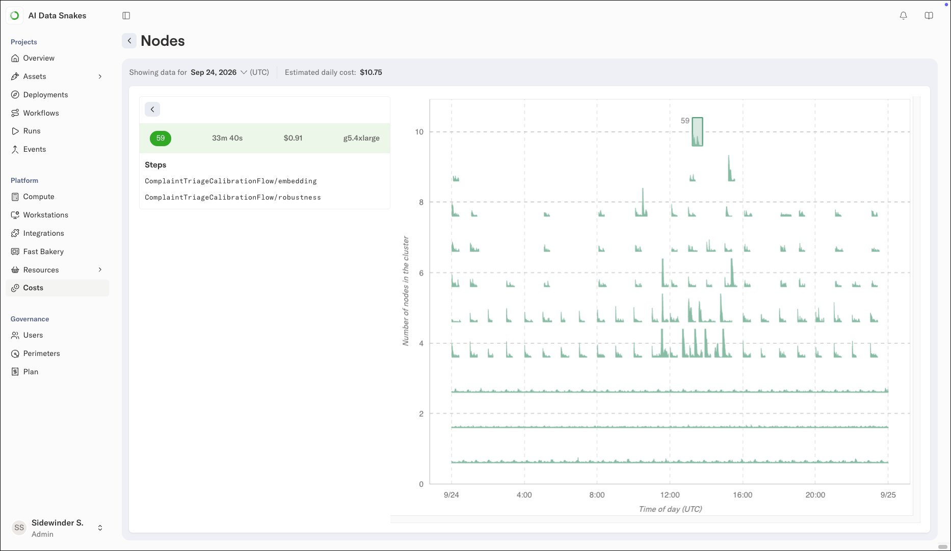 The node detail view listing the flows, steps, and workstations that ran on a selected instance