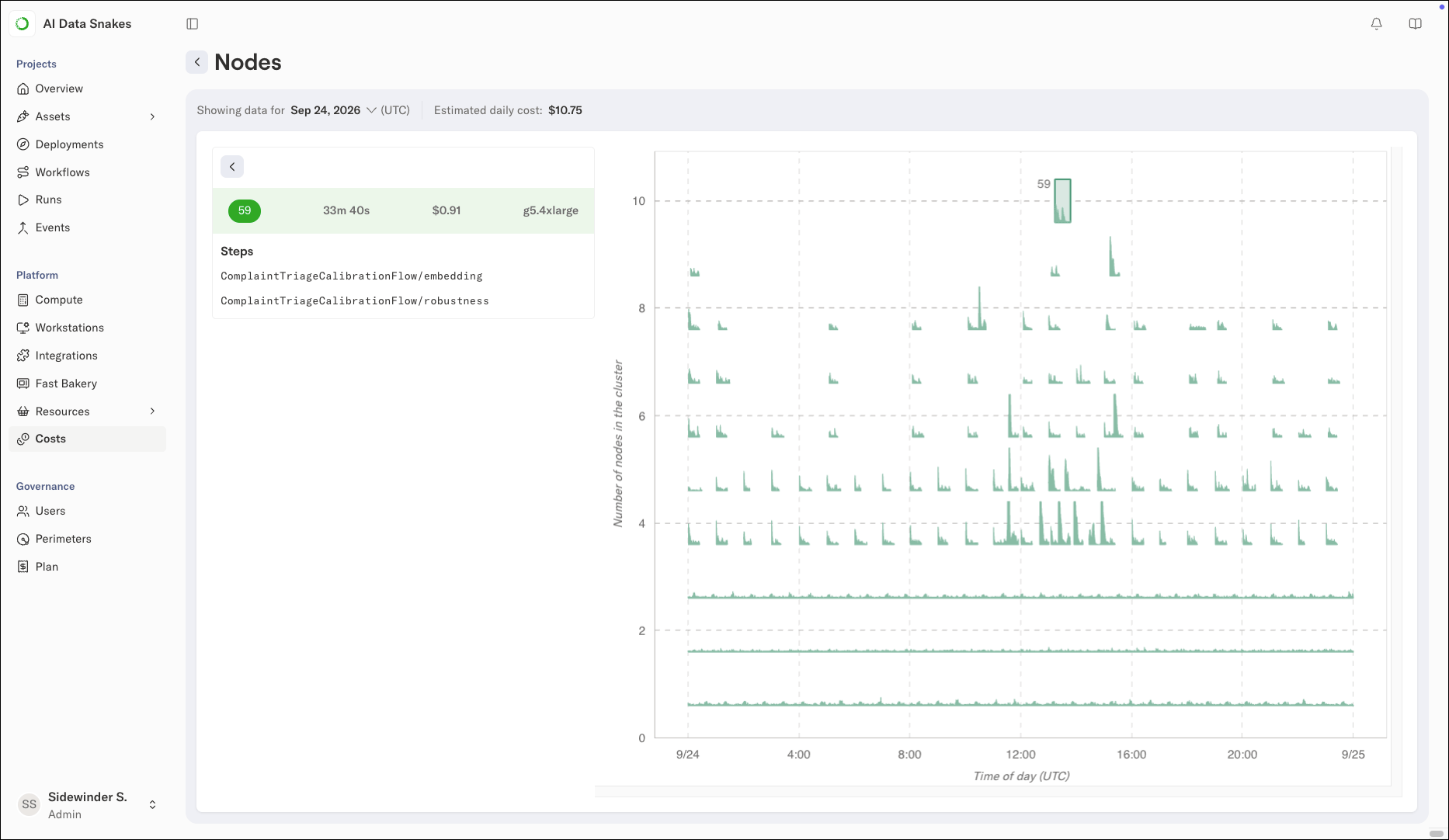 The node detail view listing the flows, steps, and workstations that ran on a selected instance
