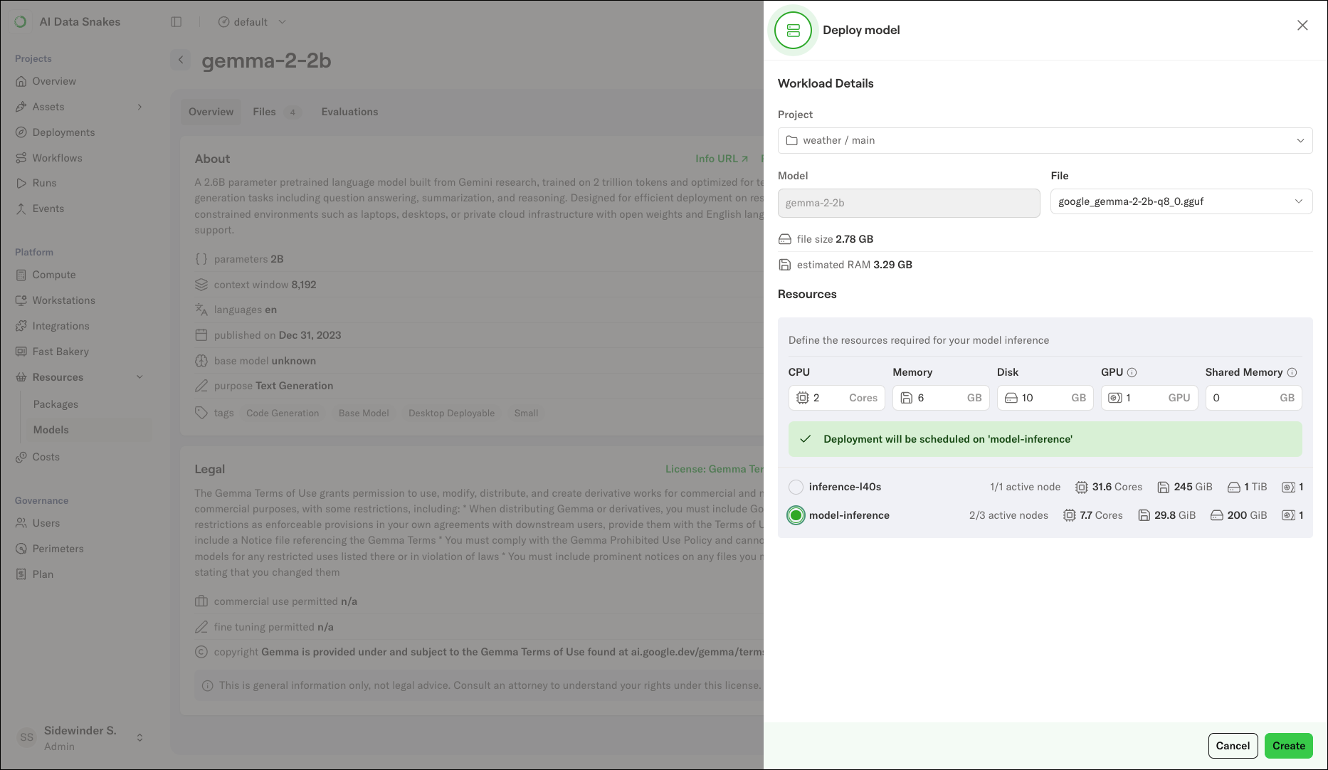 The Deploy model dialog showing Project, Model, and File fields with resource inputs for CPU, memory, disk, GPU, and shared memory, and a list of compute pools