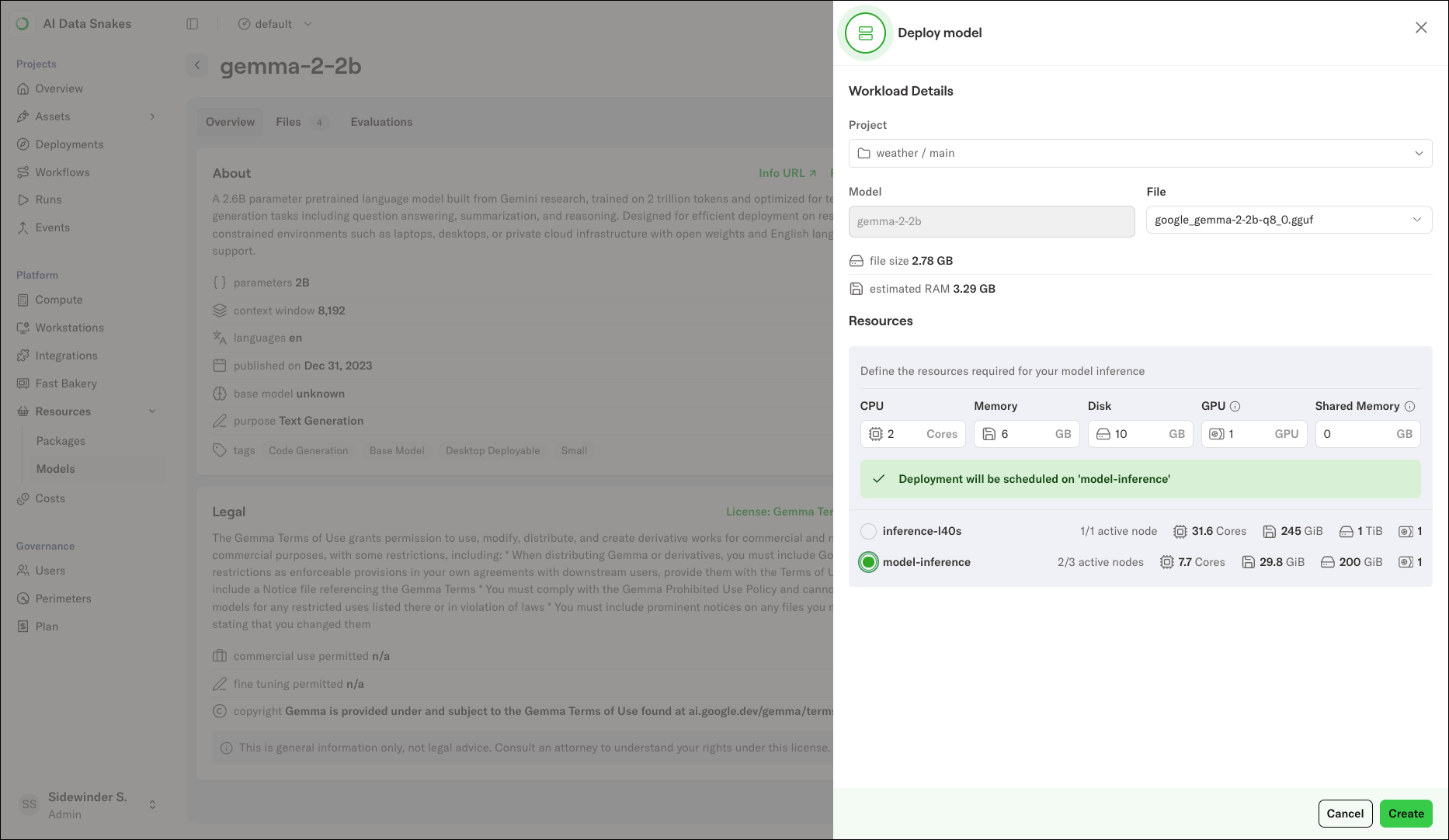 The Deploy model dialog showing Project, Model, and File fields with resource inputs for CPU, memory, disk, GPU, and shared memory, and a list of compute pools