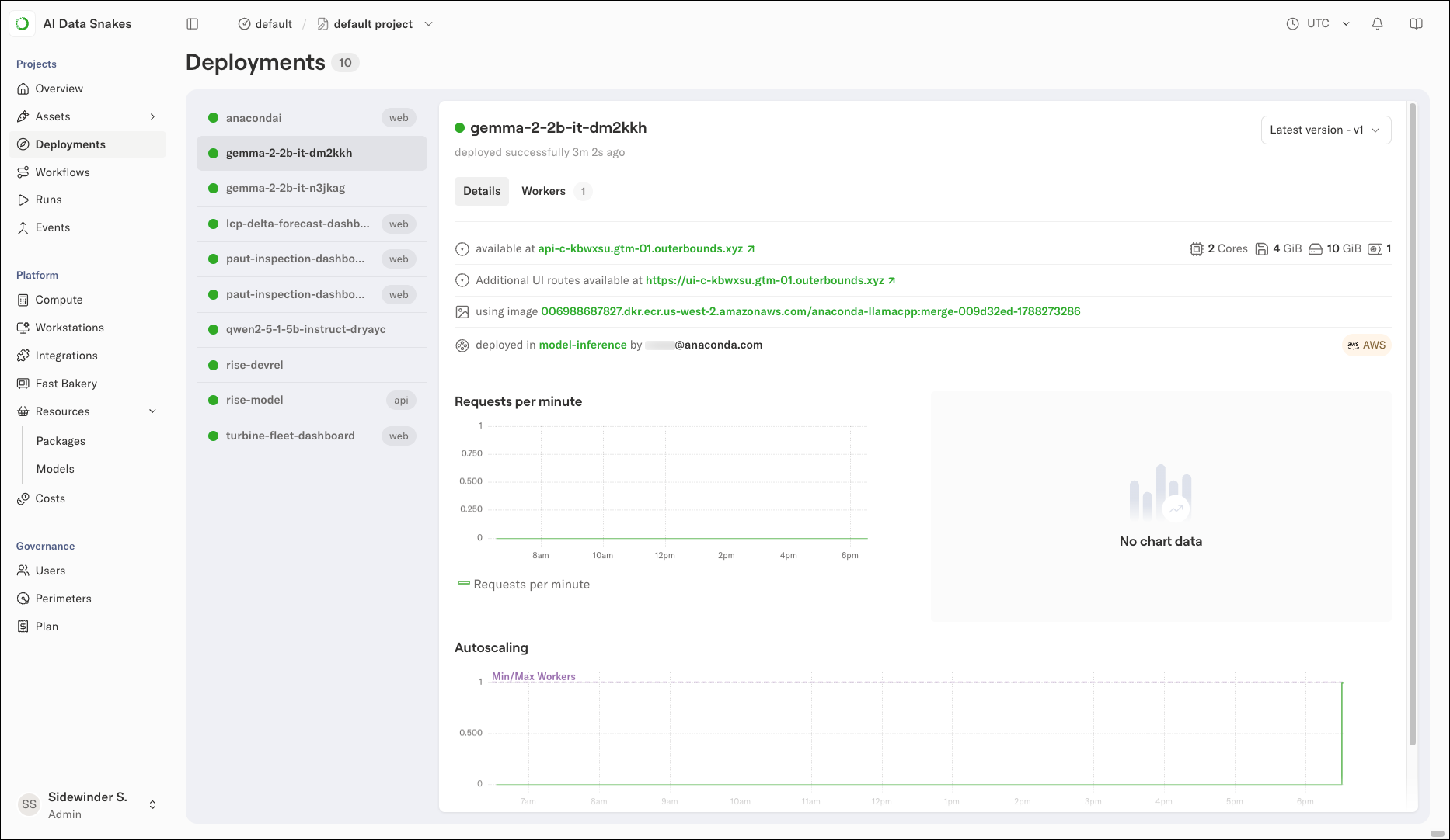 The deployment details view for a deployed model showing the endpoint URL, additional UI routes, serving image, compute pool, and requests per minute chart