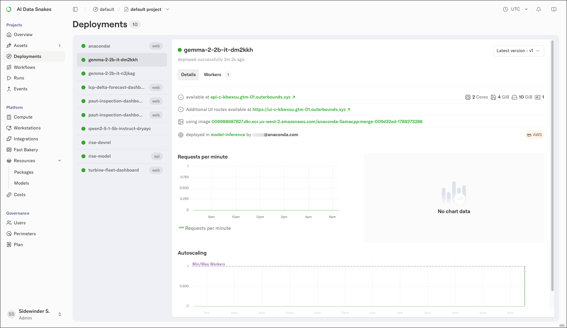 The deployment details view for a deployed model showing the endpoint URL, additional UI routes, serving image, compute pool, and requests per minute chart