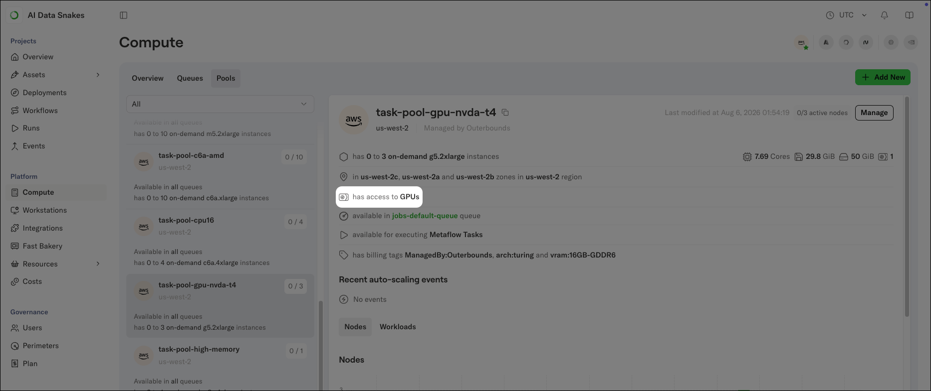 The Pools tab of the Compute page. Has access to a GPU is spotlighted.