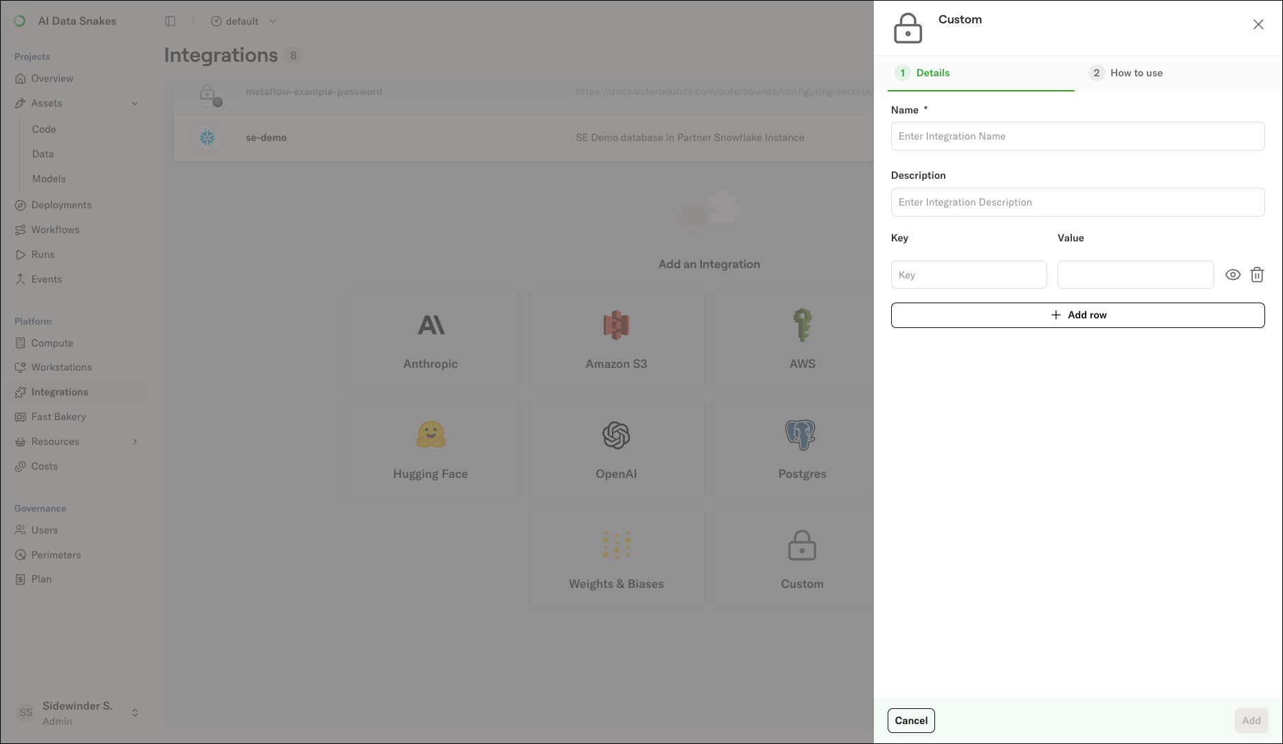 The Custom integration form showing Name and Description fields and a list of key-value pairs