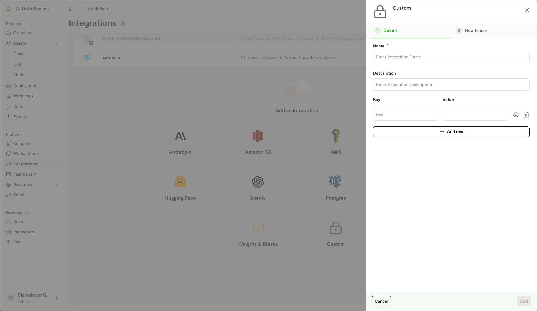 The Custom integration form showing Name and Description fields and a list of key-value pairs