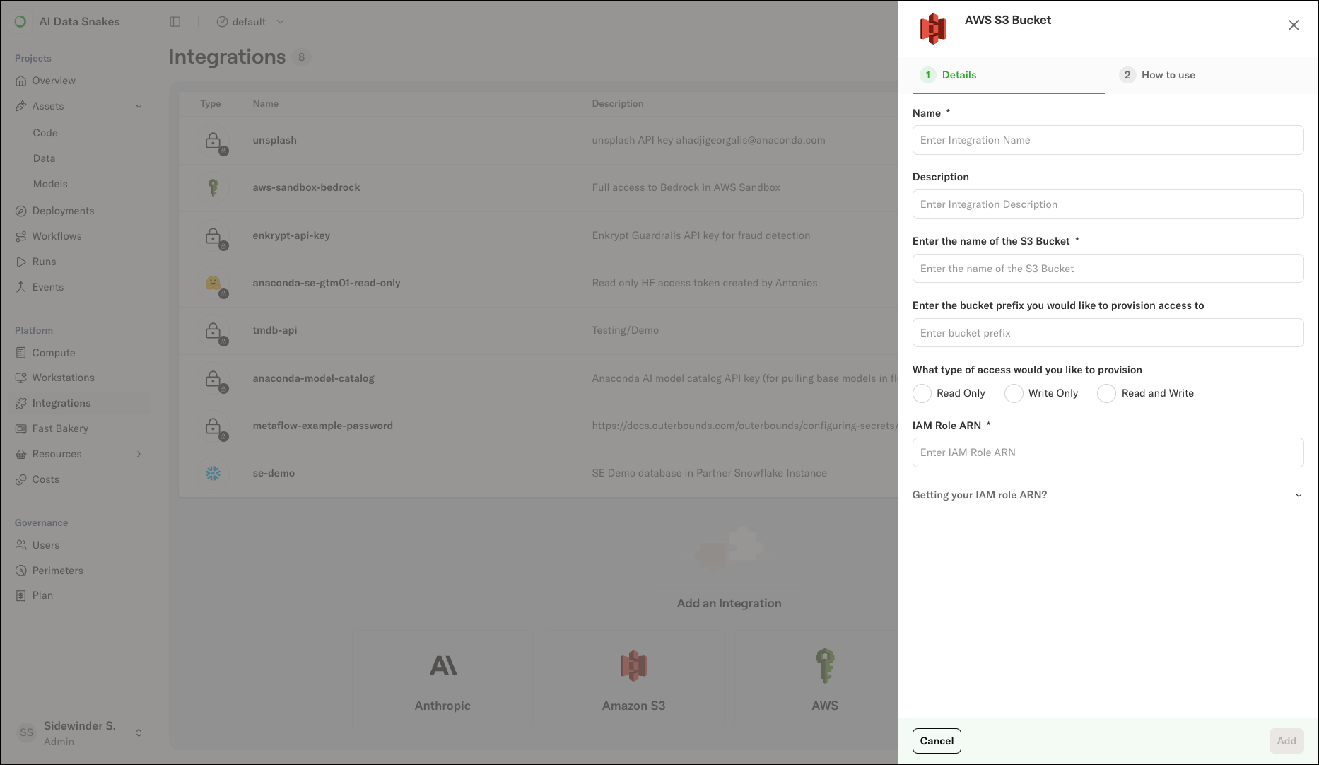 The Amazon S3 integration form showing Name, Description, S3 bucket, and IAM Role ARN fields