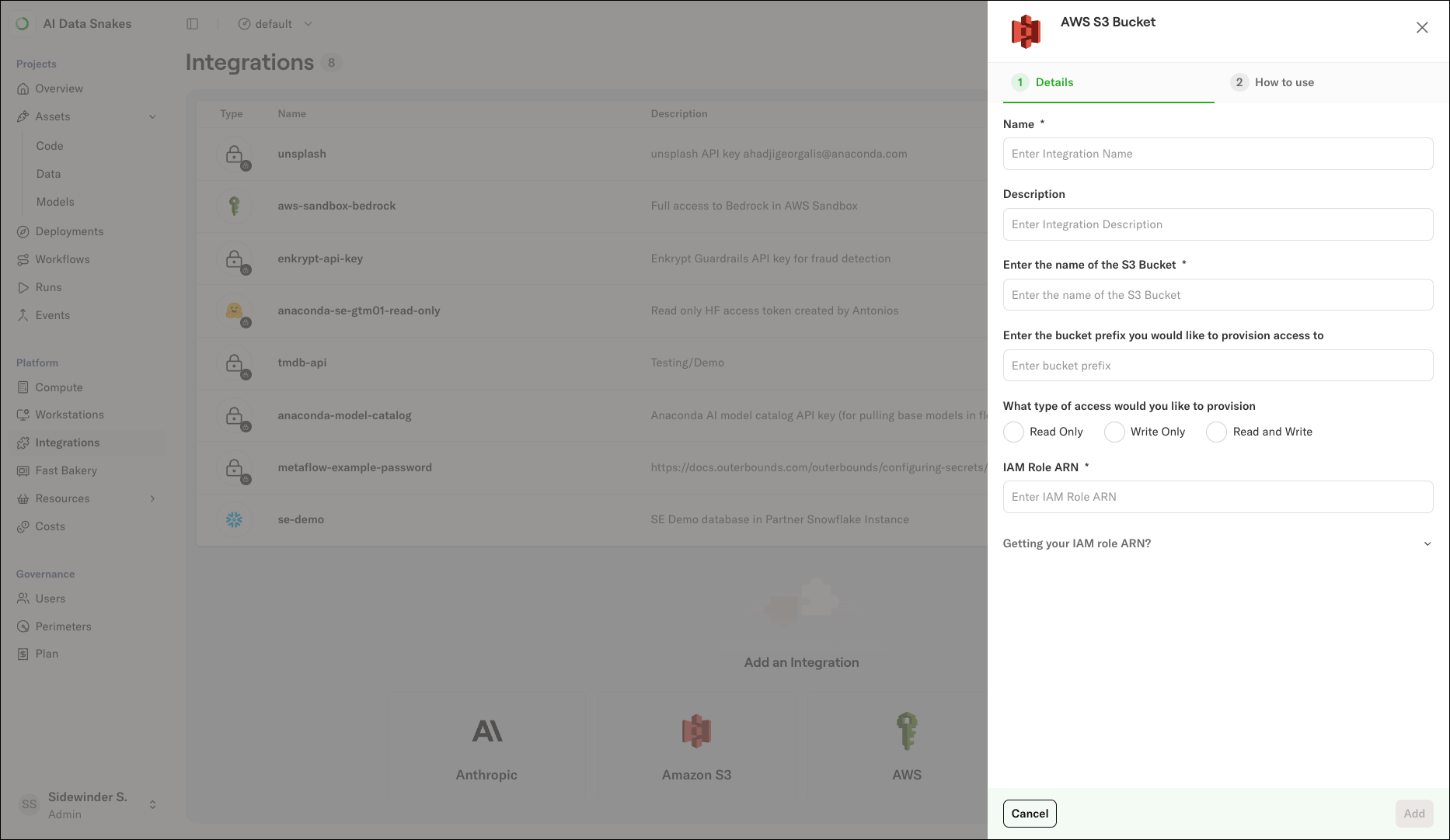 The Amazon S3 integration form showing Name, Description, S3 bucket, and IAM Role ARN fields
