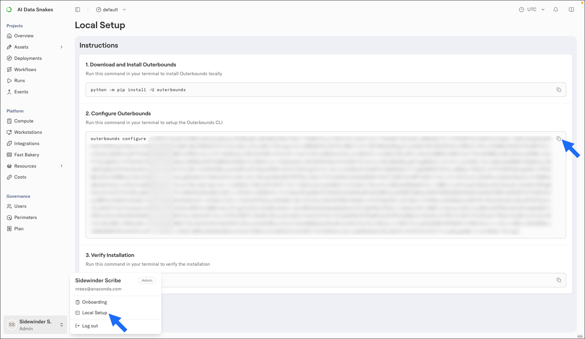 The Local Setup page showing the Configure Outerbounds section with a ready-to-copy configure command