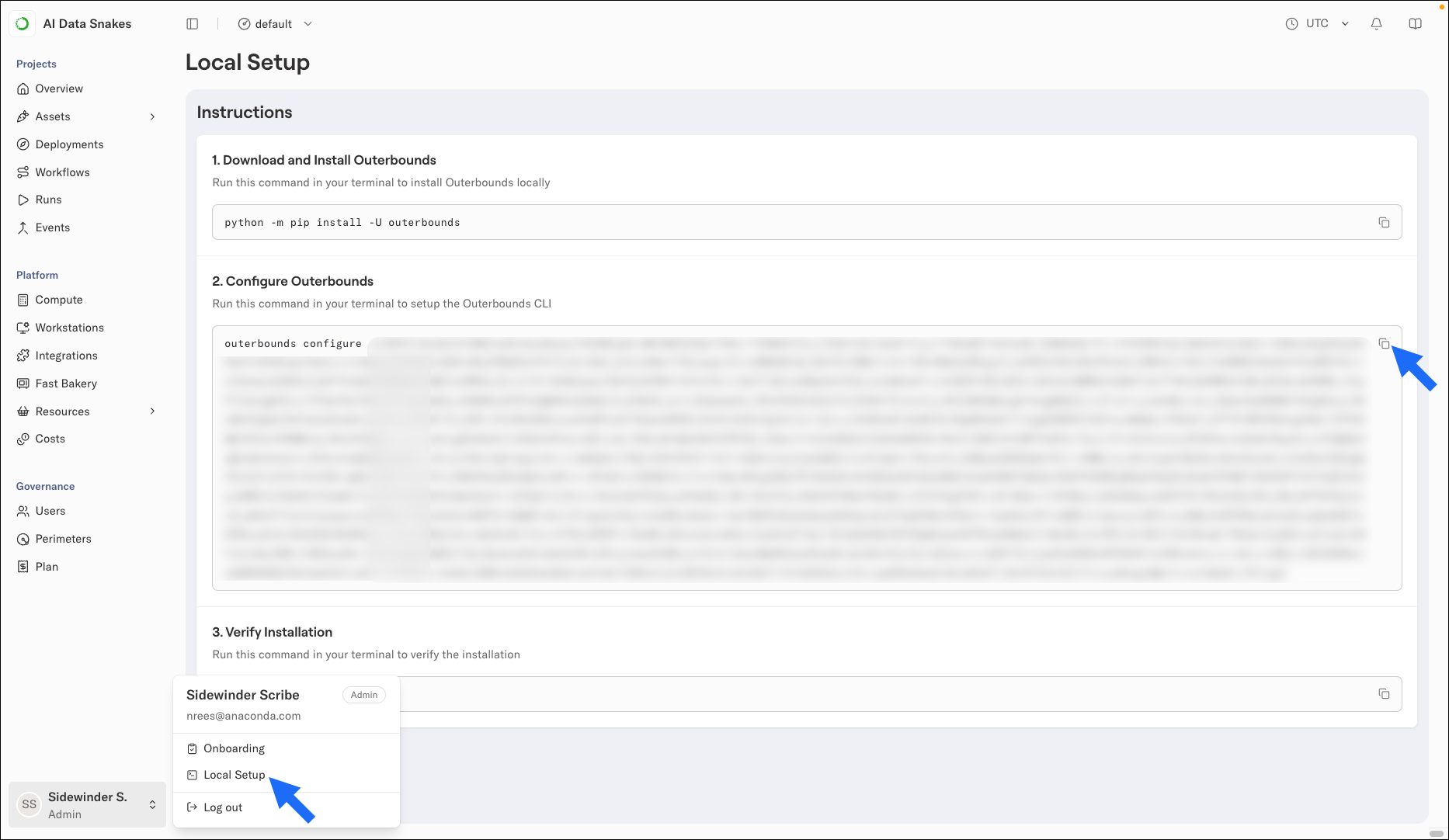 The Local Setup page showing the Configure Outerbounds section with a ready-to-copy configure command