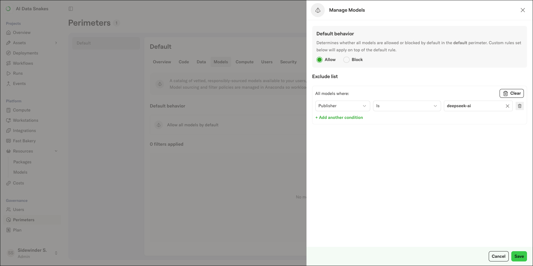 The Manage Models panel with the default behavior set to Allow and an exclude list showing all available filter rows
