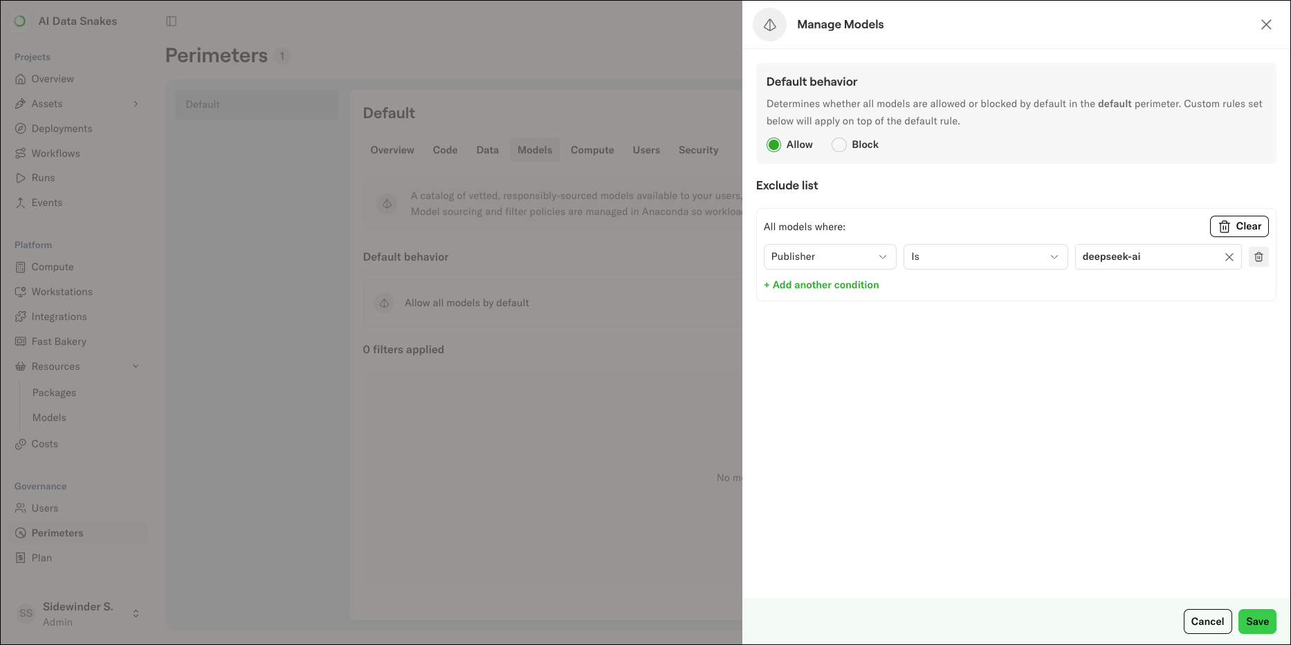 The Manage Models panel with the default behavior set to Allow and an exclude list showing all available filter rows