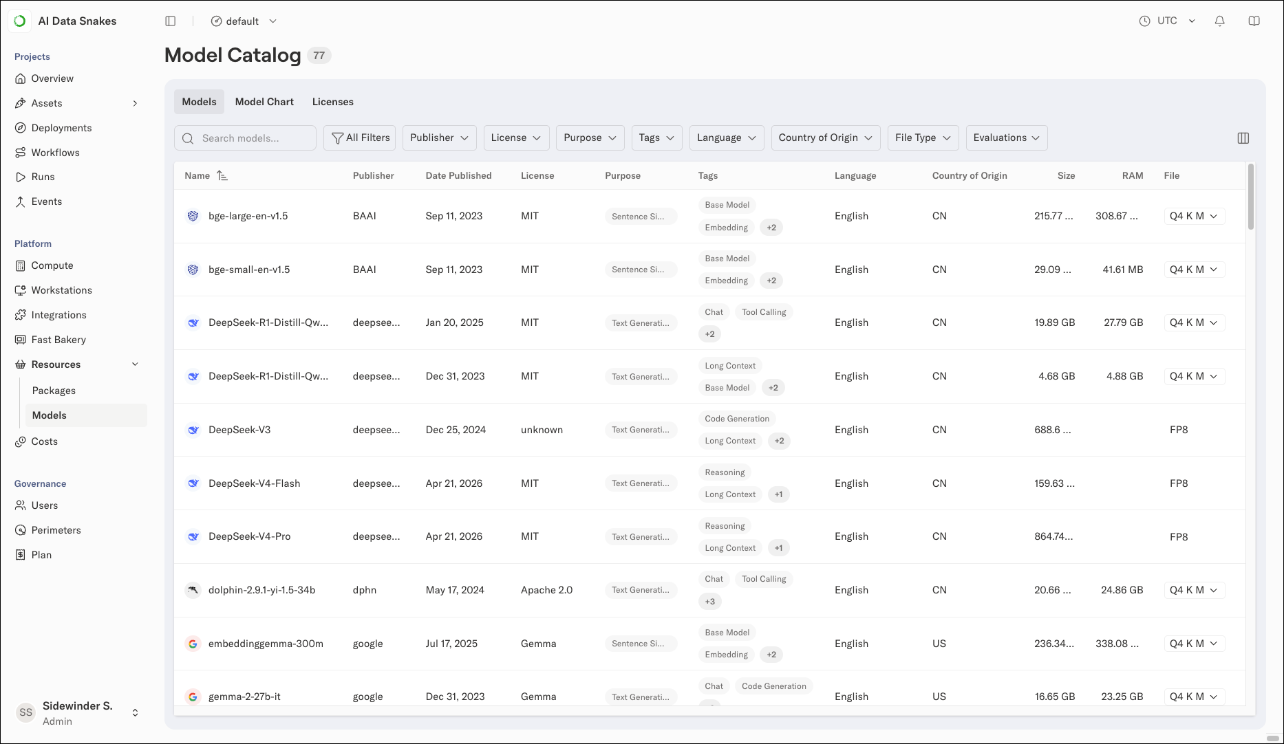 The Model Catalog view listing available models with search and filter controls above the table