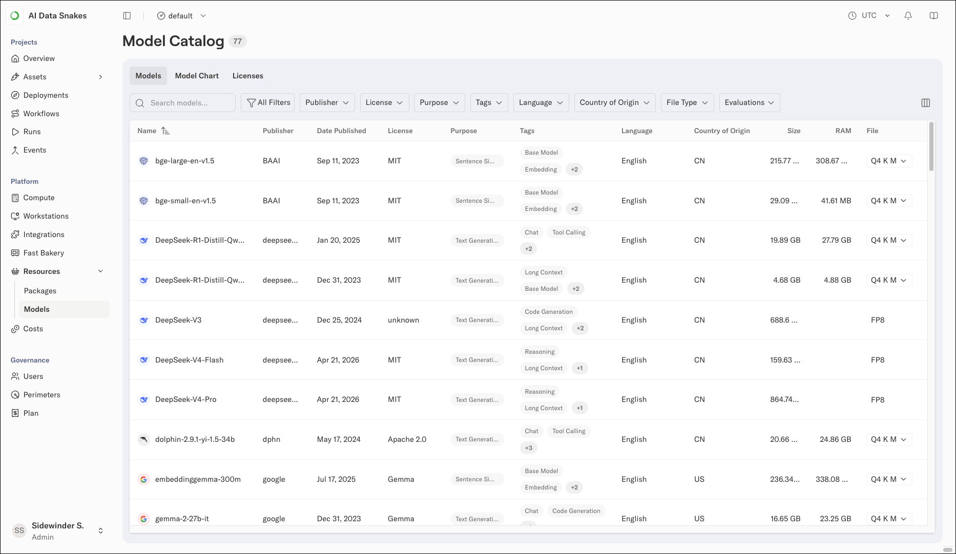 The Model Catalog view listing available models with search and filter controls above the table