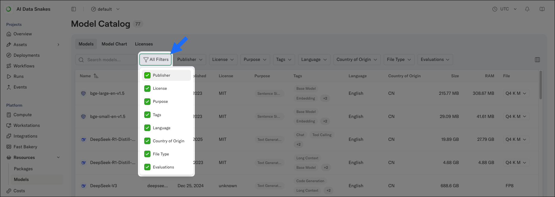 The All Filters dropdown open, showing the checklist of available filters