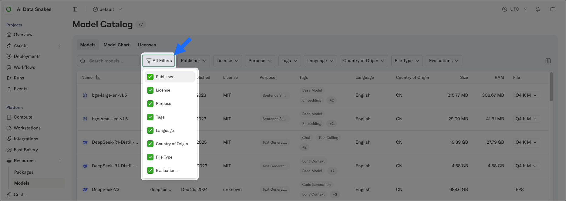 The All Filters dropdown open, showing the checklist of available filters