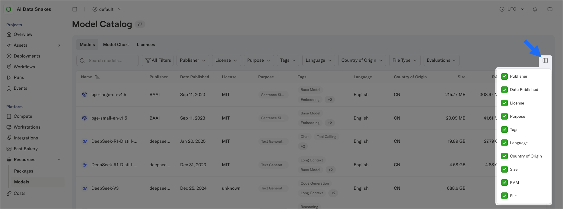 The columns dropdown open, showing the checklist of table columns