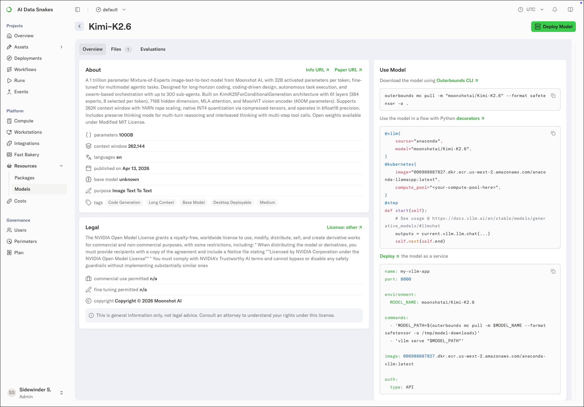 A model's details page showing the About and Legal sections and the Use Model panel with download, flow, and deployment snippets