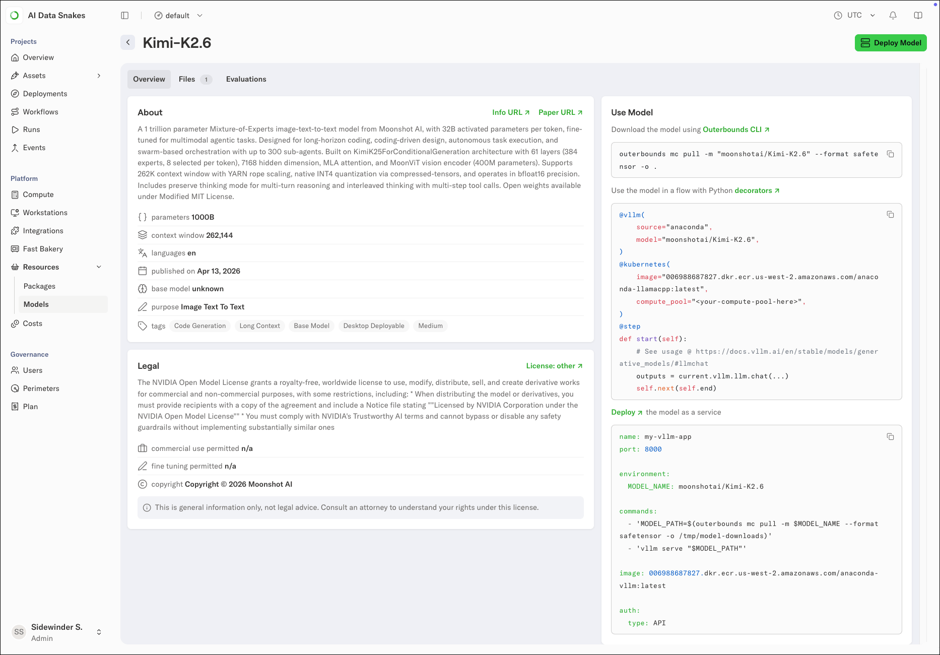 A model's details page showing the About and Legal sections and the Use Model panel with download, flow, and deployment snippets