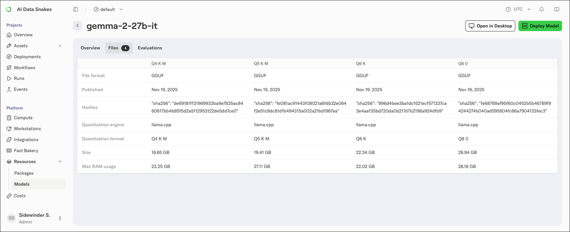 The Files tab comparing the model's quantization variants with format, publish date, hash, size, and RAM usage for each