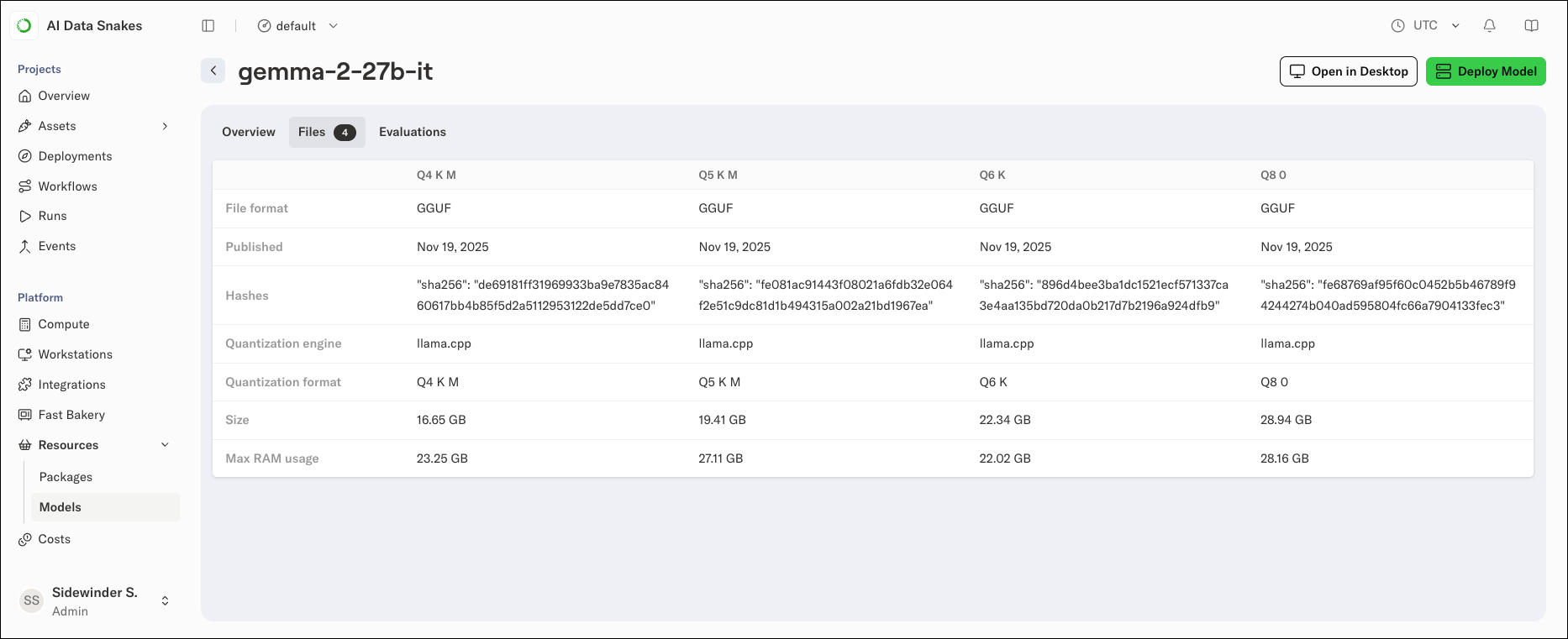 The Files tab comparing the model's quantization variants with format, publish date, hash, size, and RAM usage for each