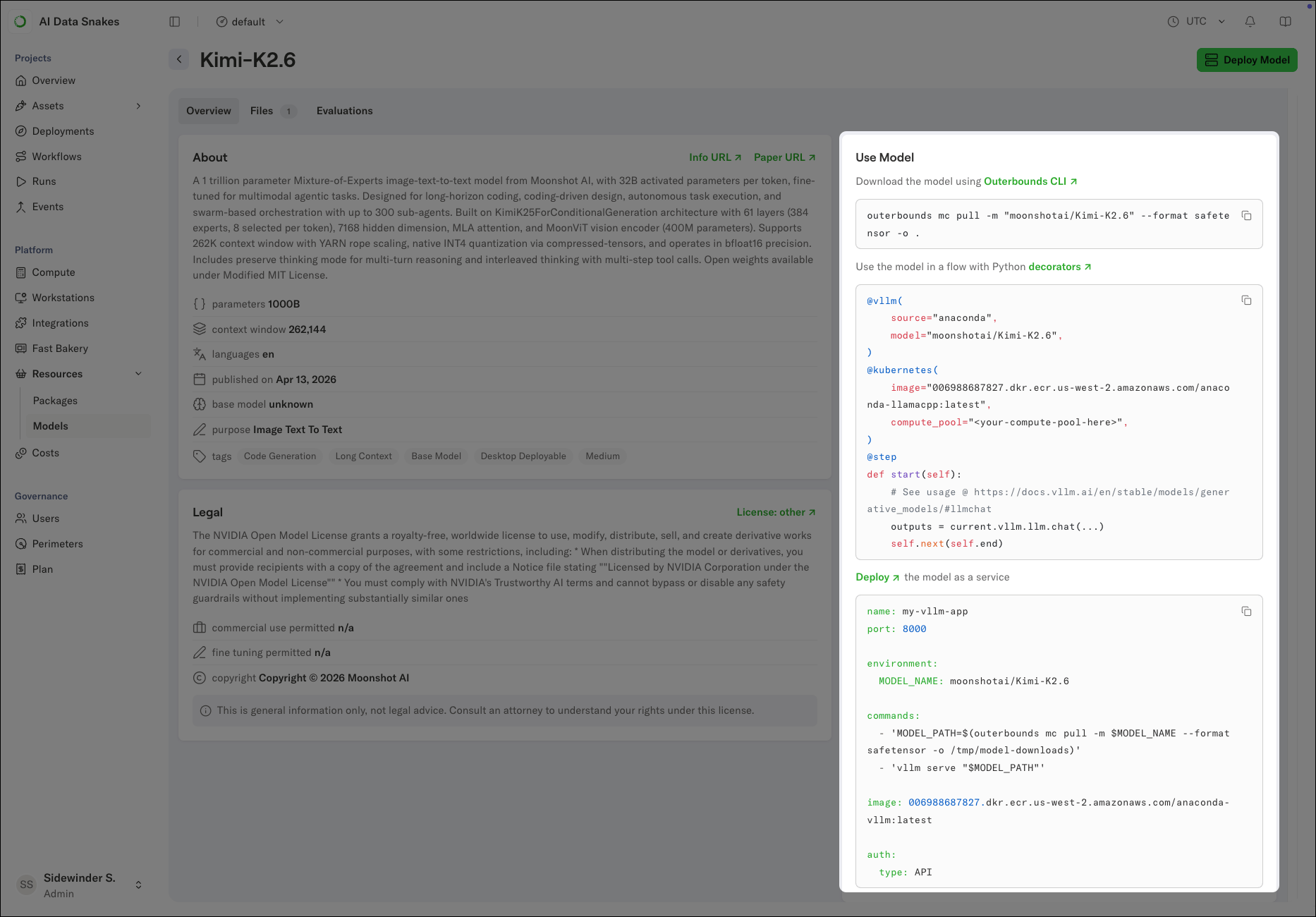 The model details page with the Use Model panel showing the CLI download command, the flow decorator snippet, and the deployment configuration