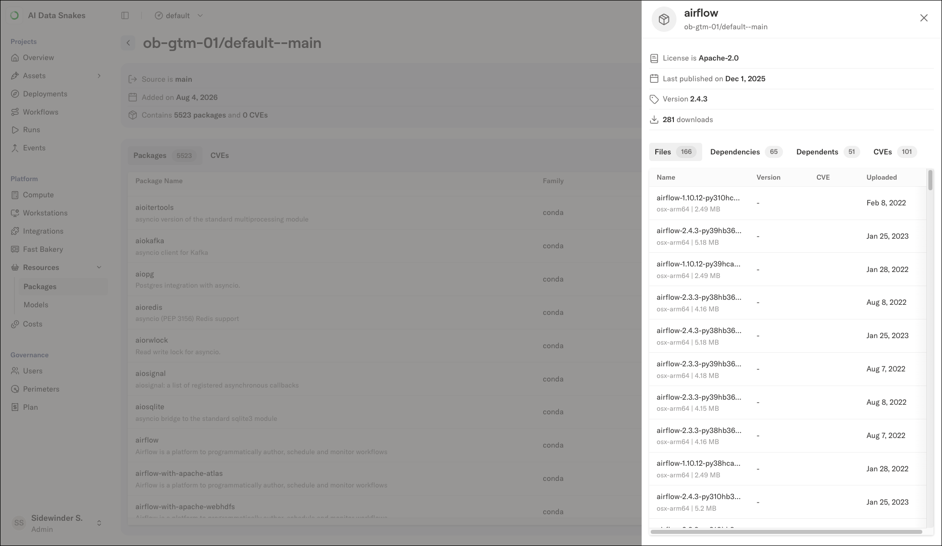 The package details panel showing the package summary and the Files tab listing airflow package files