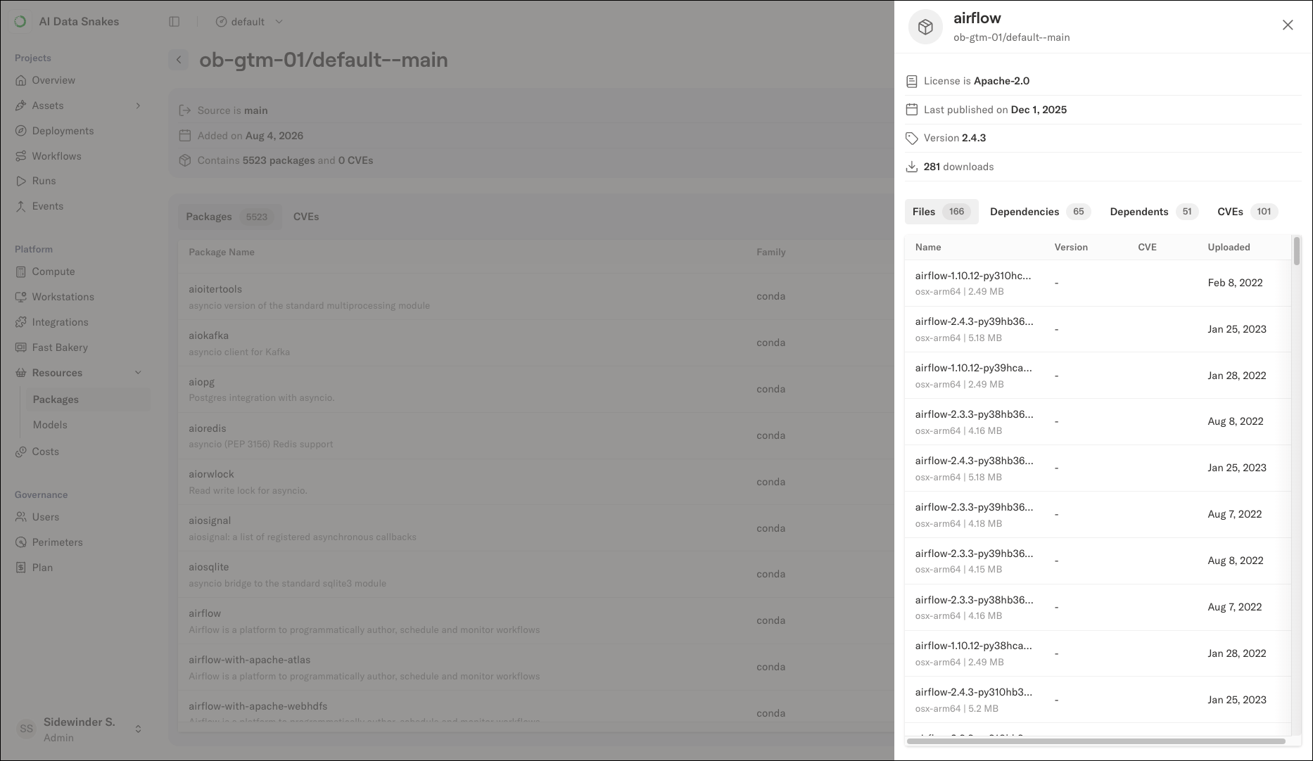 The package details panel showing the package summary and the Files tab listing airflow package files