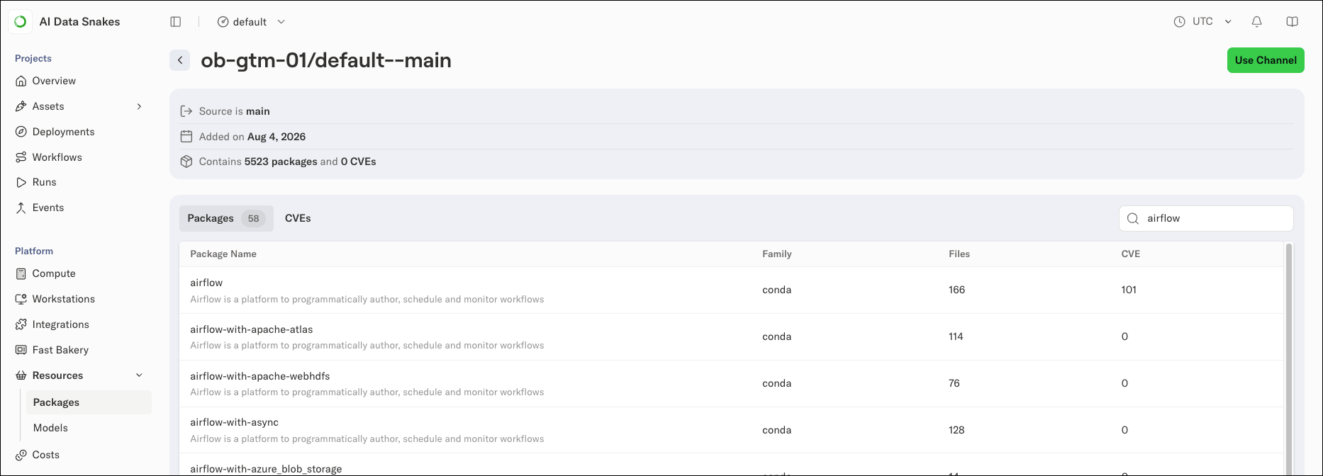 A channel's package list filtered to 58 packages after entering airflow in the search box