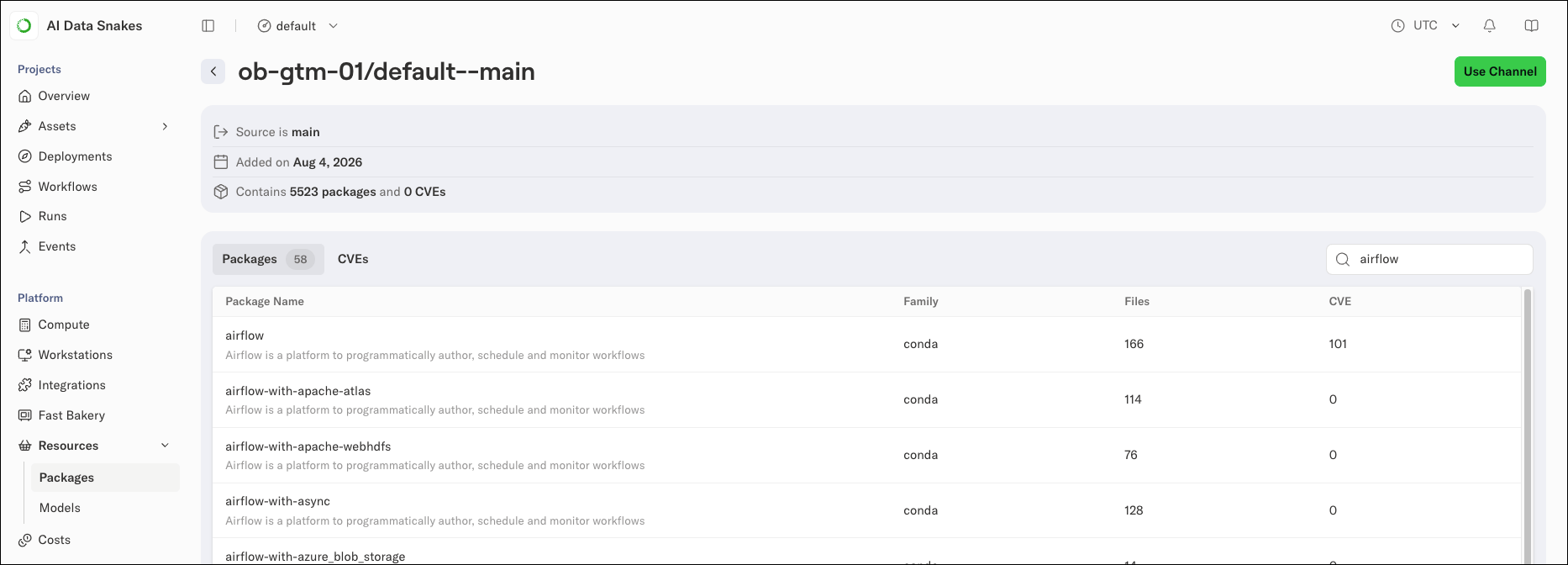 A channel's package list filtered to 58 packages after entering airflow in the search box