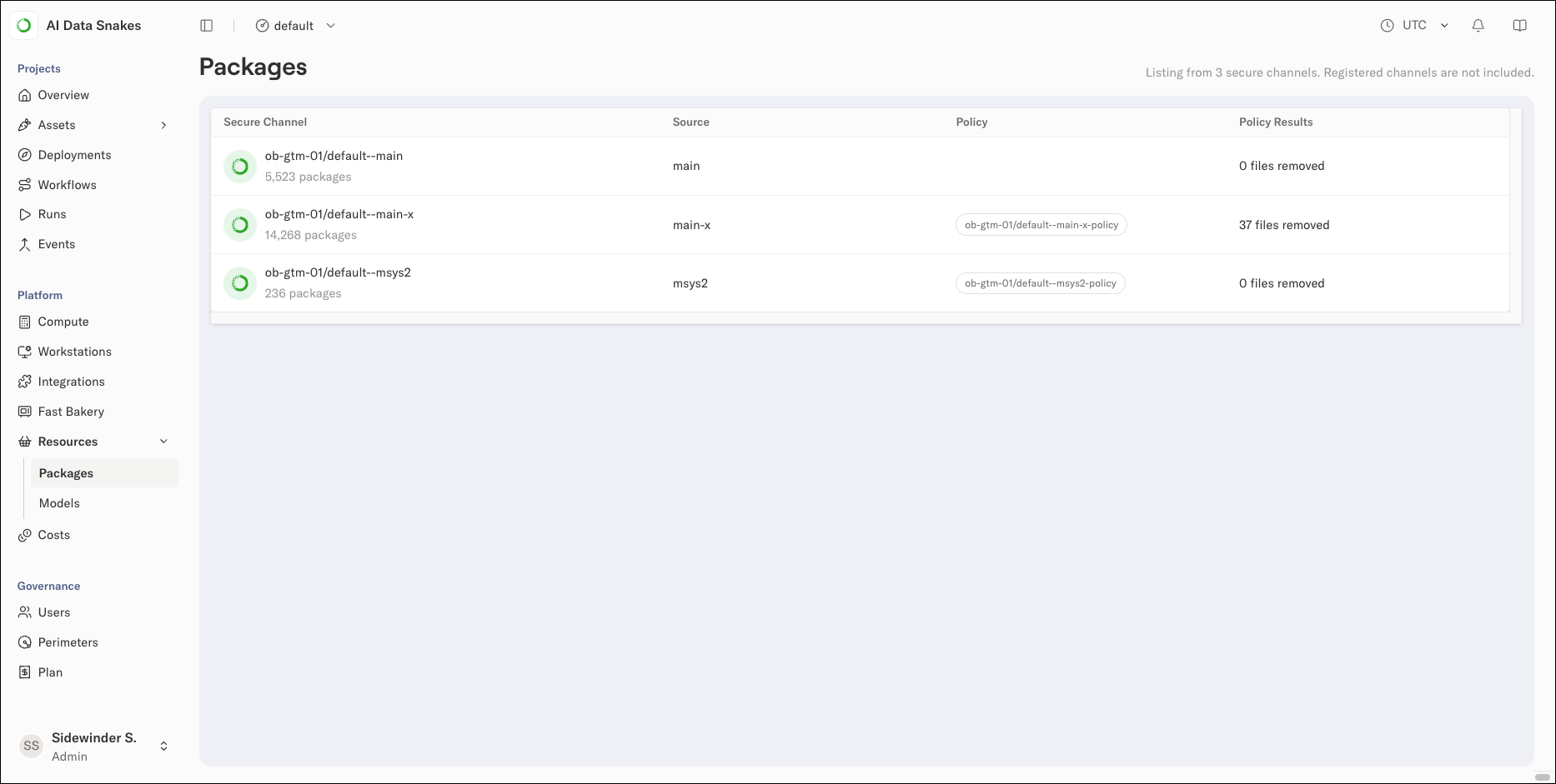 The Packages view listing three secure channels with their sources, policies, and policy results
