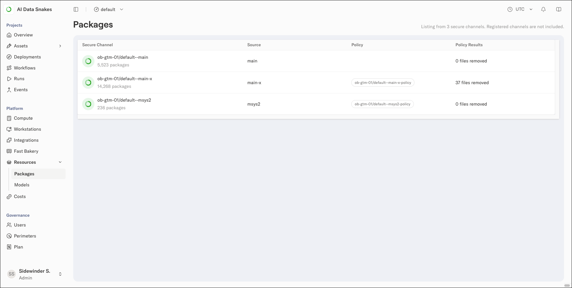 The Packages view listing three secure channels with their sources, policies, and policy results
