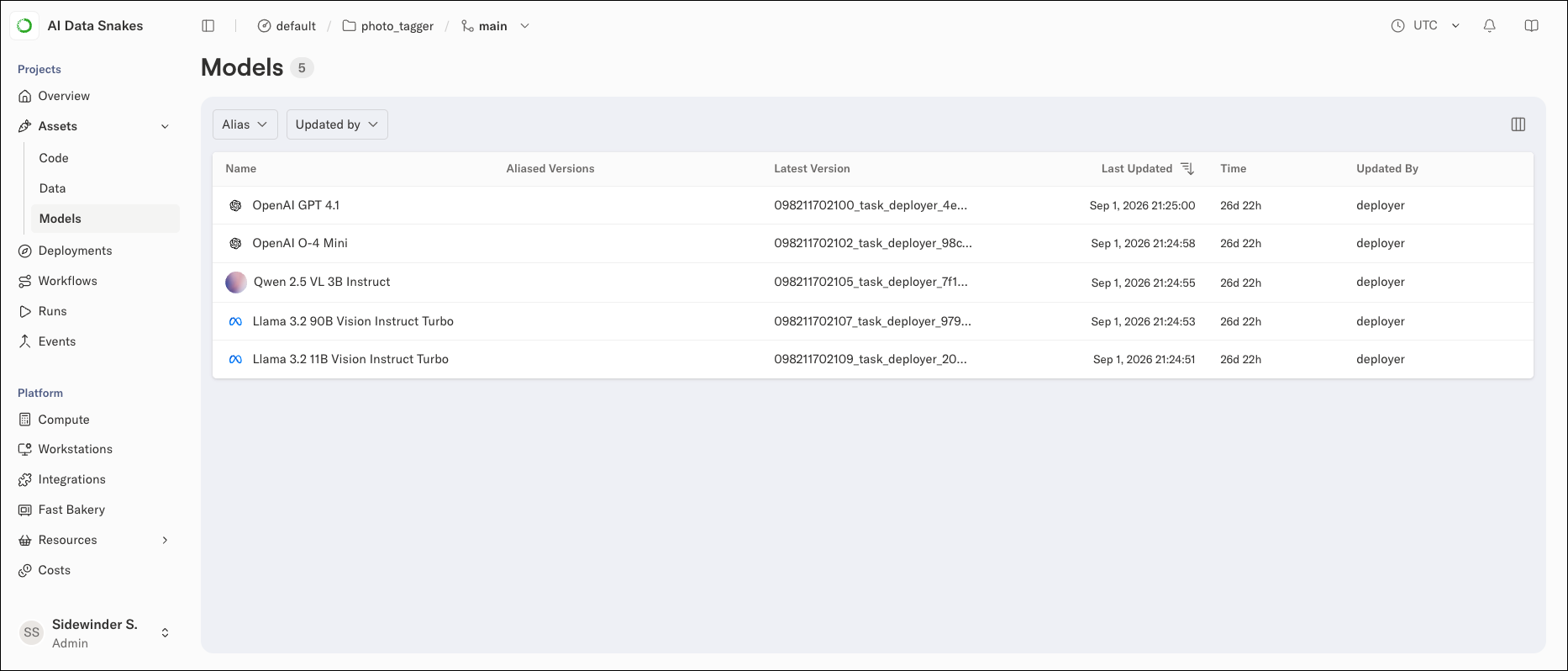 The model assets view for a project, listing multiple models with their descriptions and properties