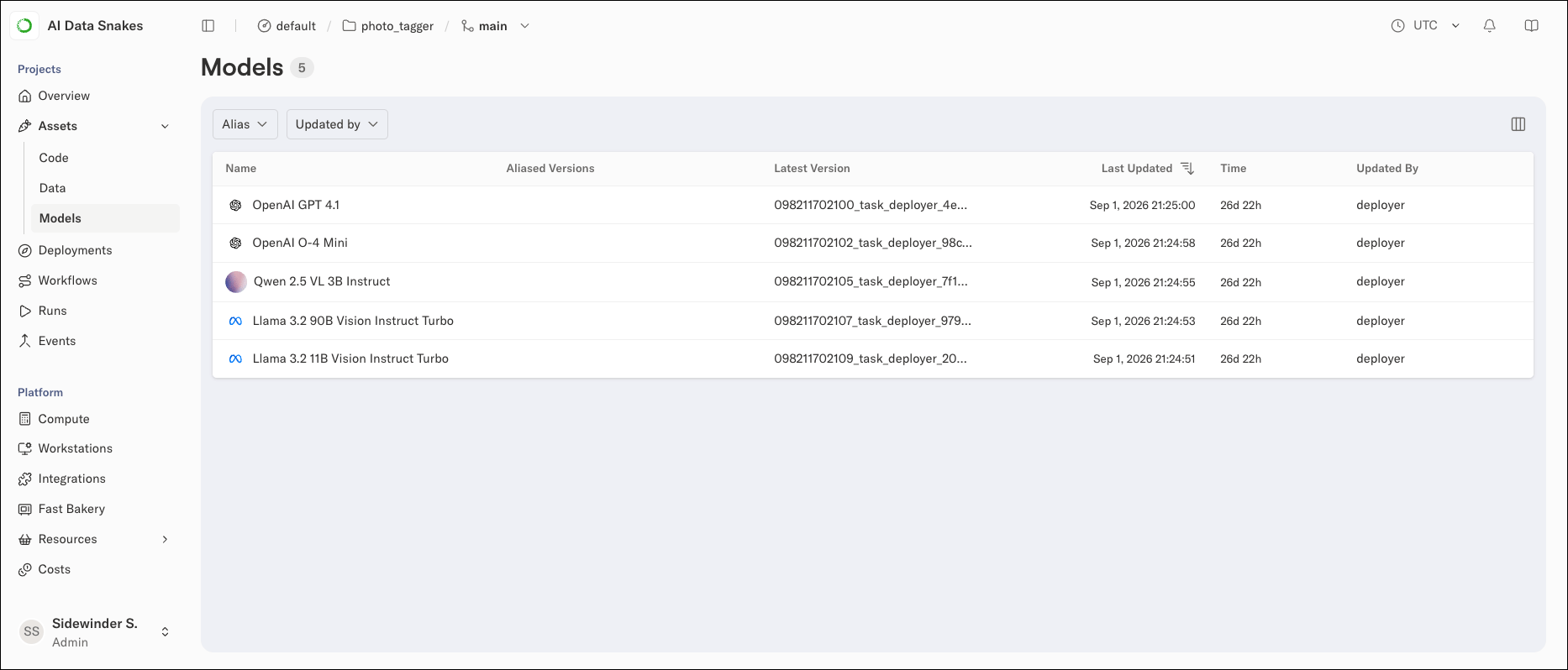 The model assets view for a project, listing multiple models with their descriptions and properties
