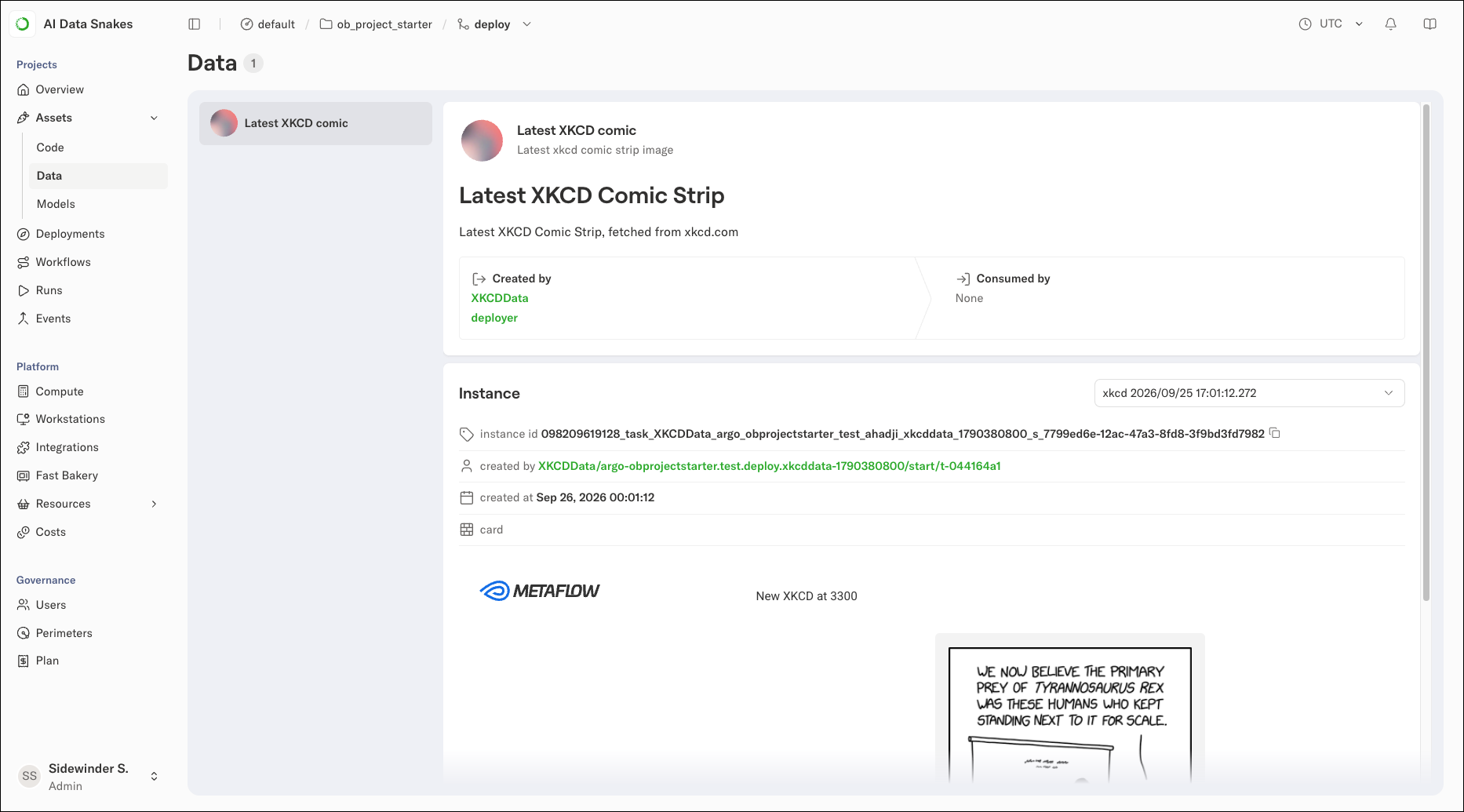 The xkcd data asset view showing the latest comic asset instance and its card