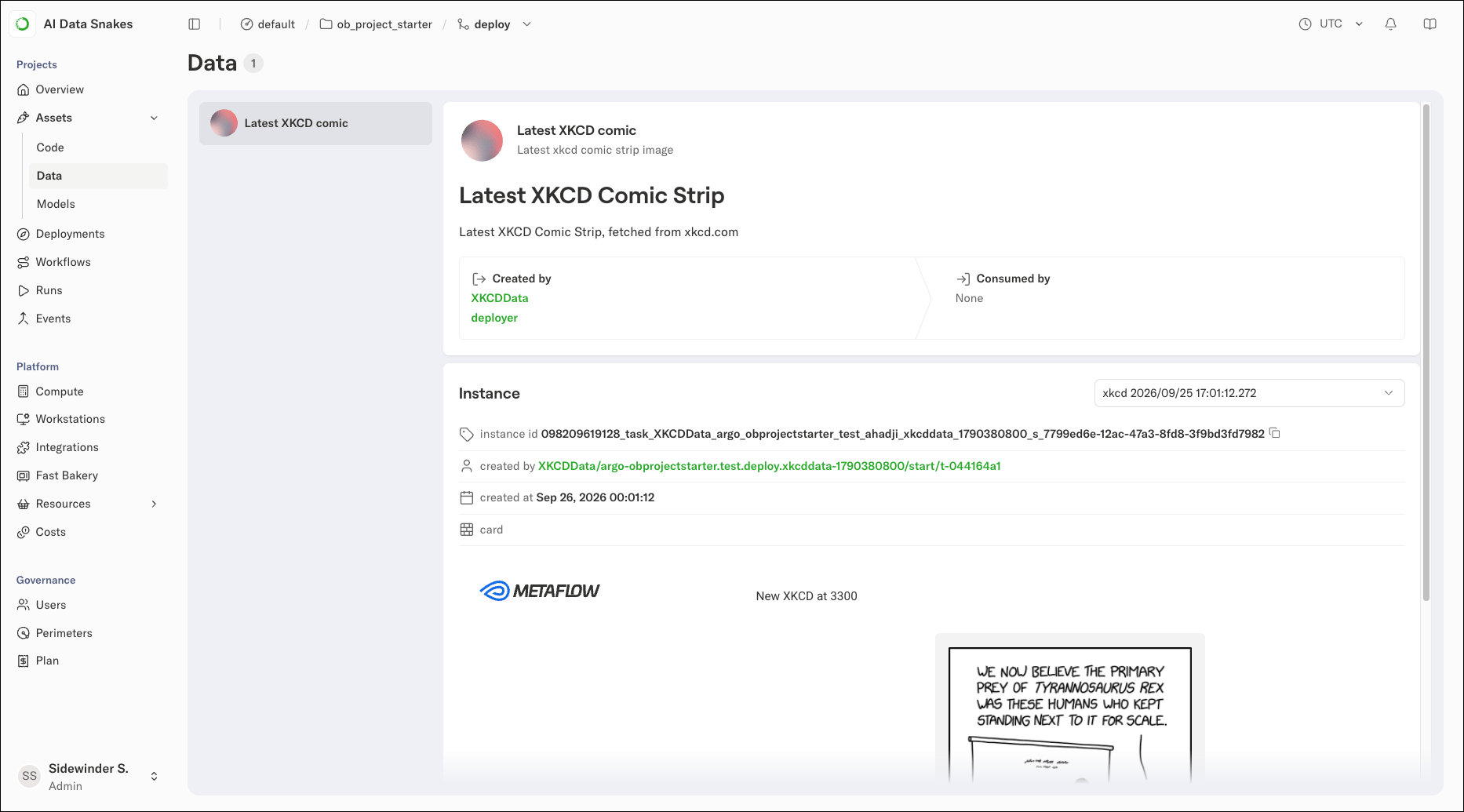 The xkcd data asset view showing the latest comic asset instance and its card