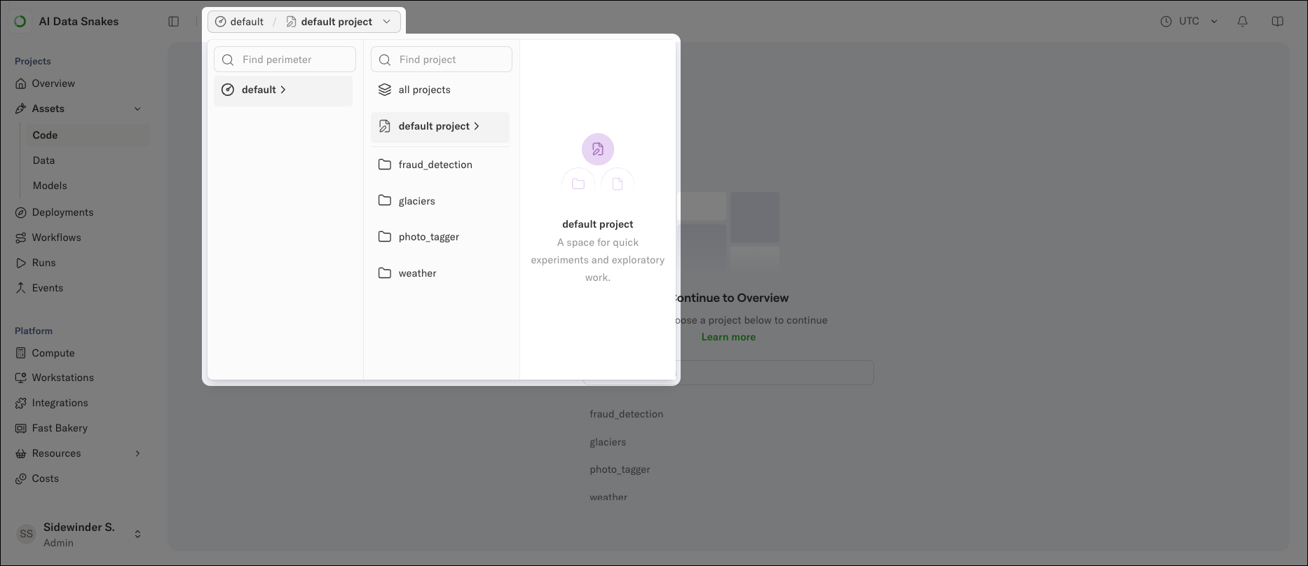 The context picker in the header showing the default project and available projects