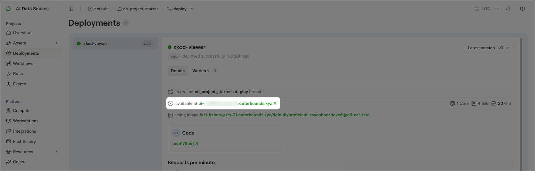 The Deployments view showing the xkcd-viewer deployment details, including its status, project branch, and the 'available at' link to open the viewer